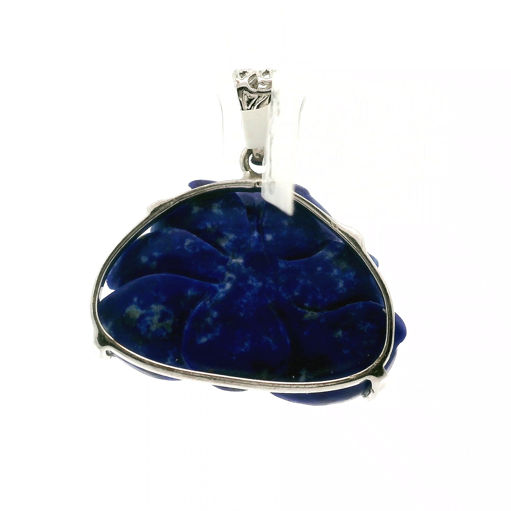 Lapis Lazuli Carved Lotus Pendant .925 Silver for Power & Confidence