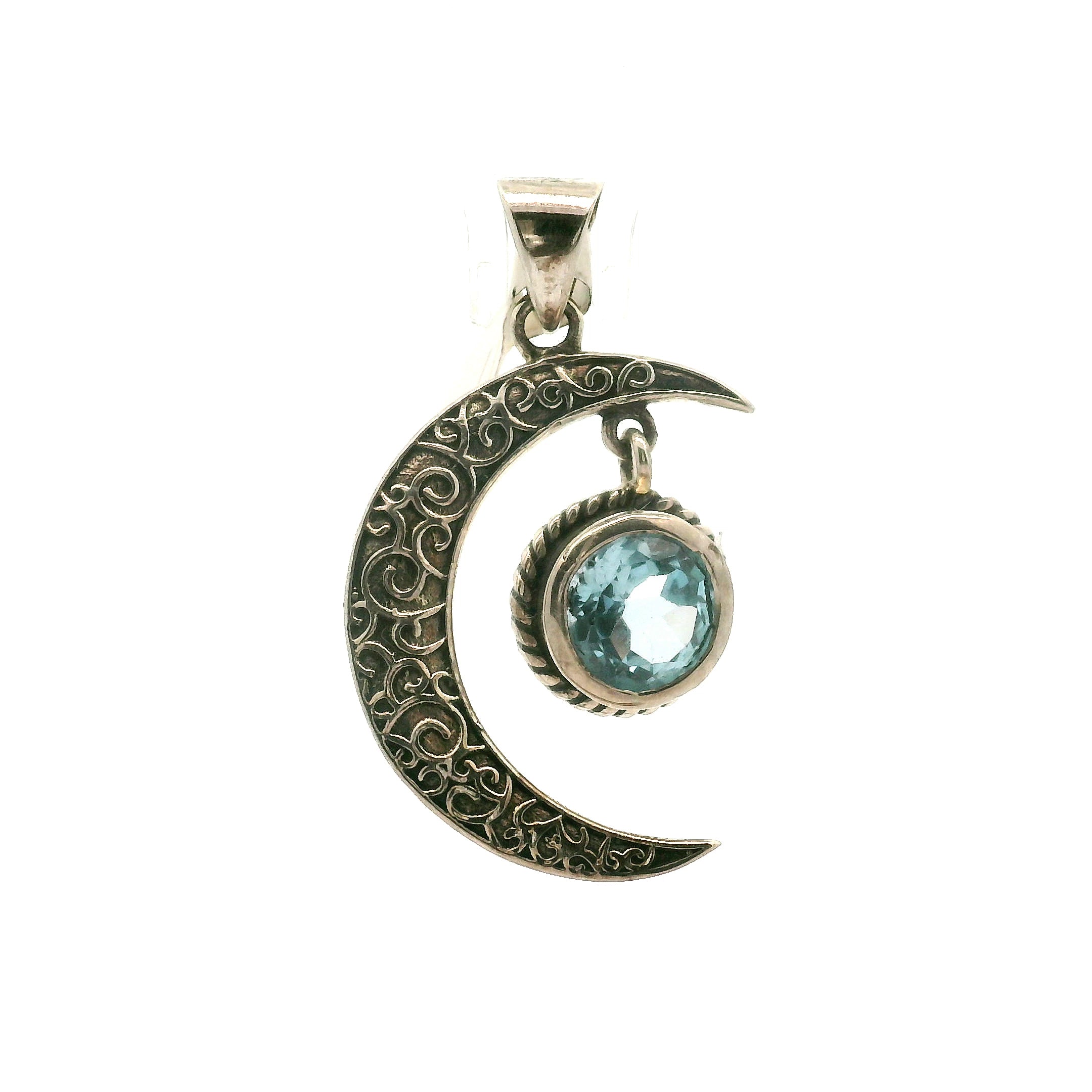 Moon Crescent Aquamarine Pendant .925 Sterling Silver for Personal Power and Intuition