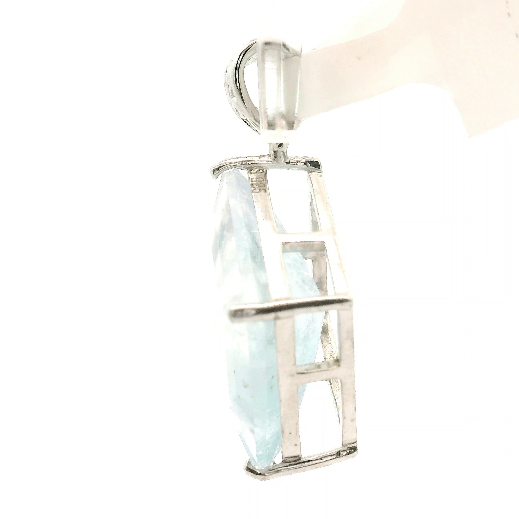 Aquamarine Diamond Shape Pendant .925 Silver Adjustable Cuff Ring for Calm Communication