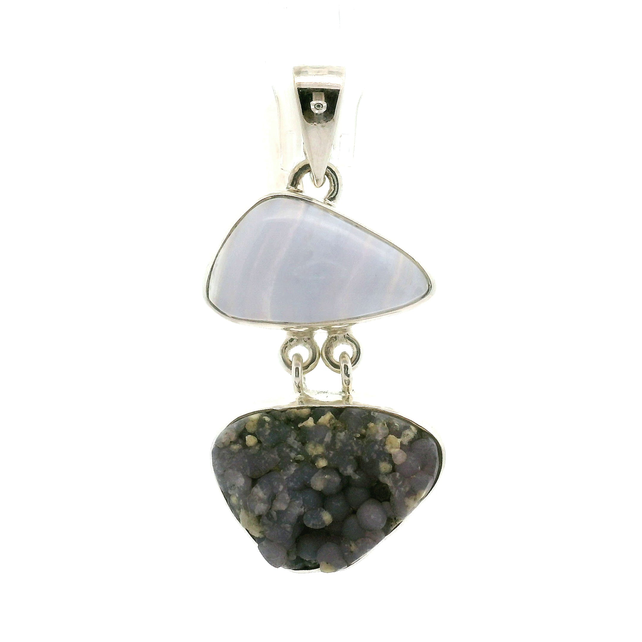 Blue Lace Agate and Grape Agate Druzy Pendant .925 Silver for Loving and Honest Communication