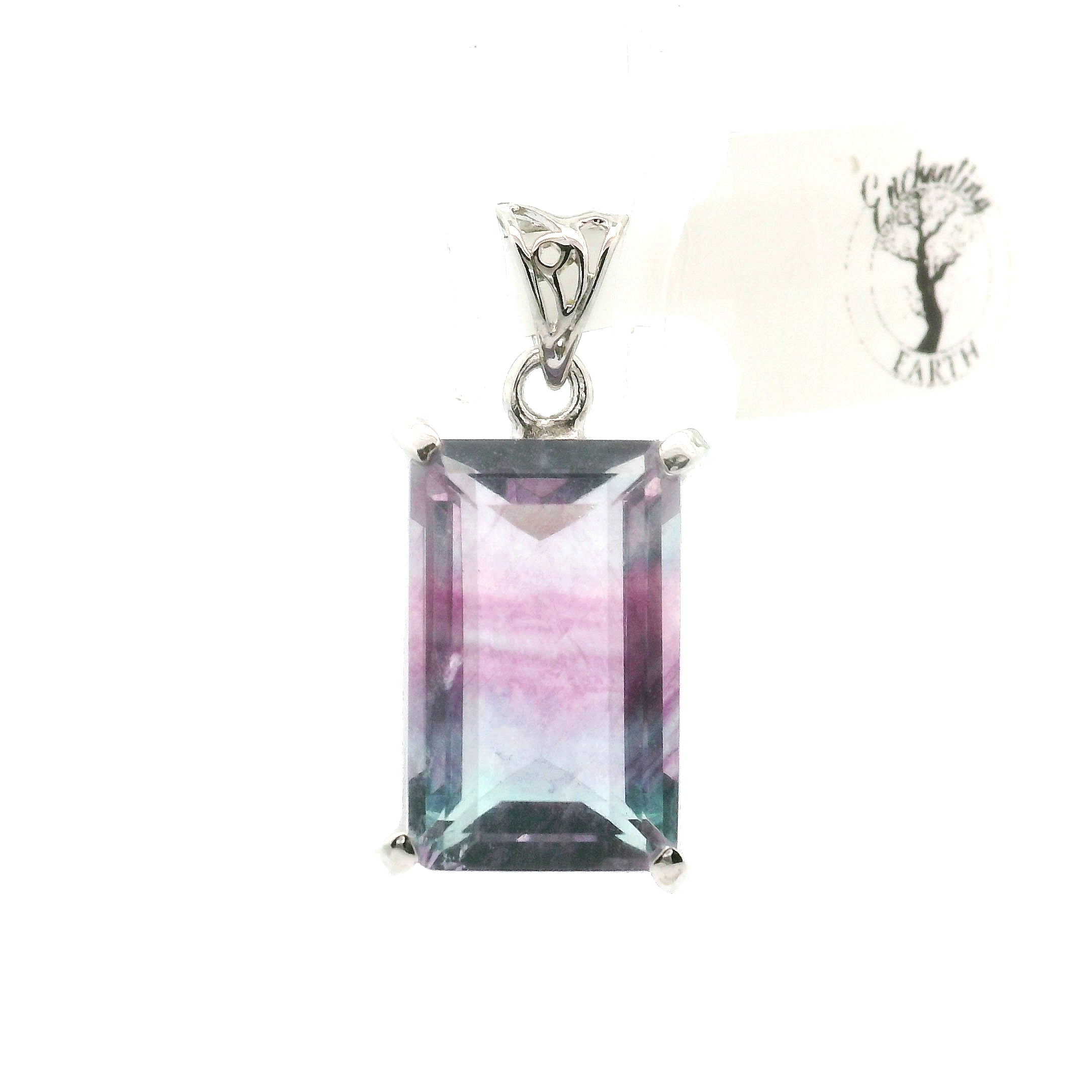 Rainbow Fluorite Emerald Pendant .925 Silver for Clearing Energy Fields and Focusing on your Goals