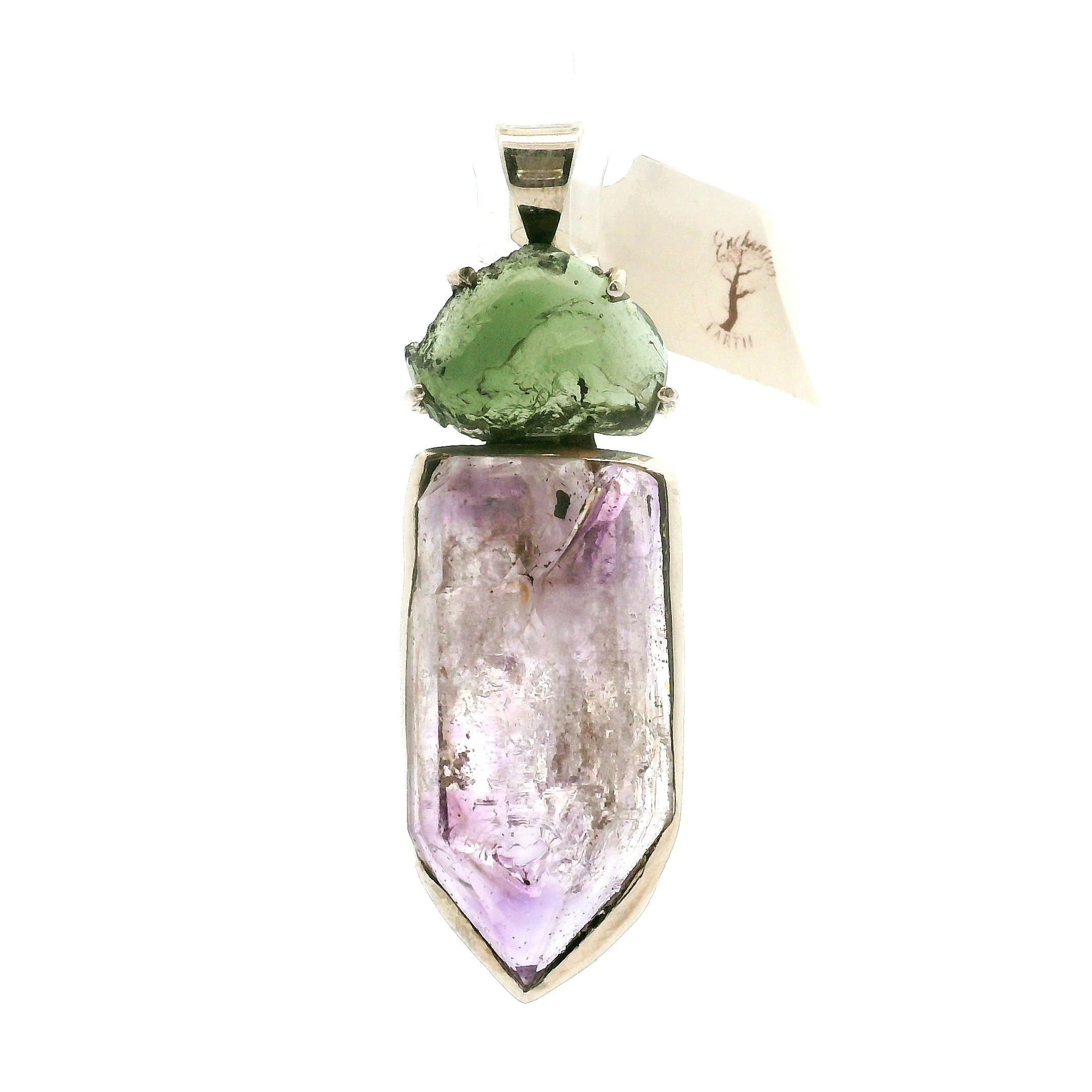 Amethyst with Moldavite Pendant .925 Silver for Intuition, Protection and Transformation