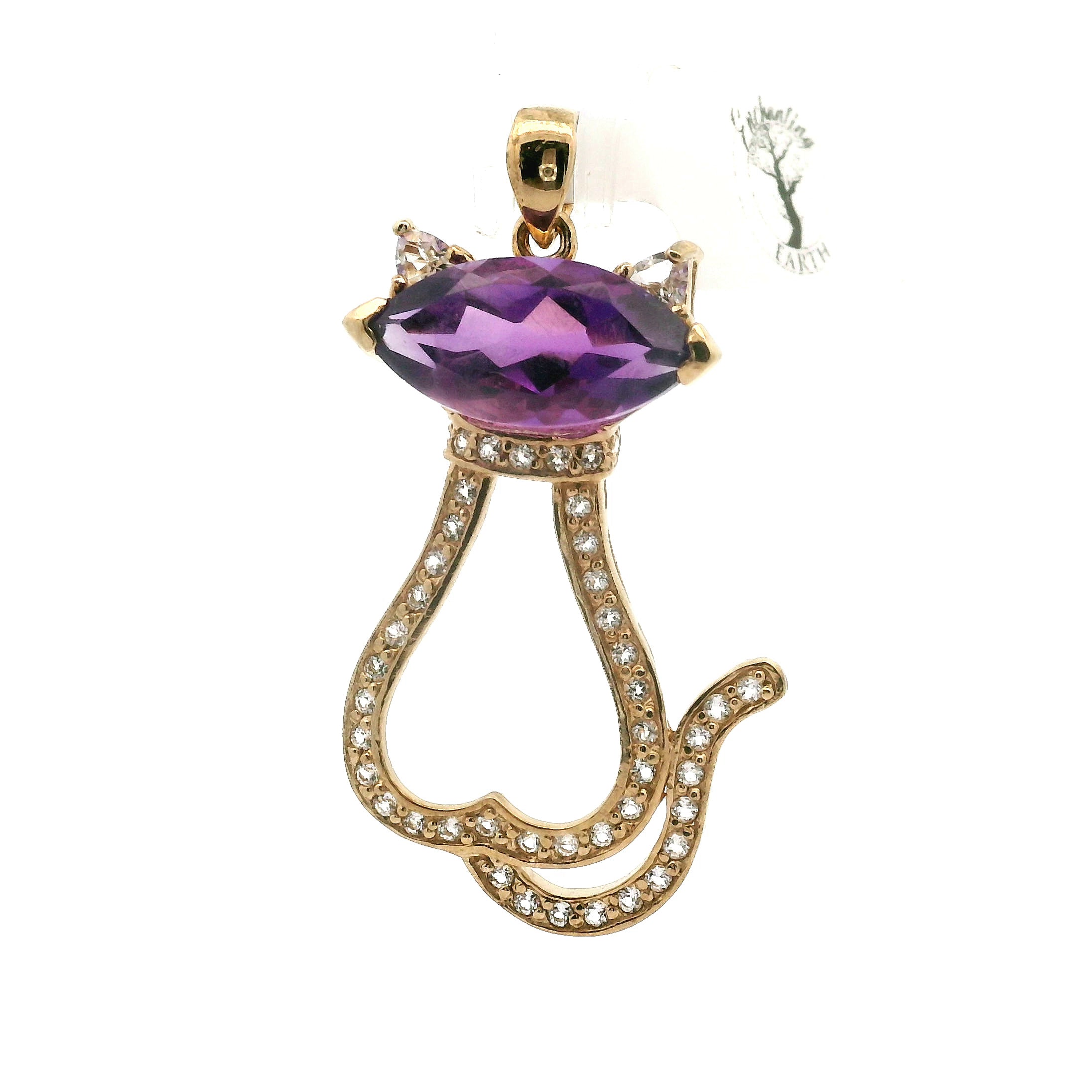 Amethyst with White Topaz Cat Pendant .925 Silver with Gold Plating for Higher Levels of Awareness, Peaceful Communication and Clarity