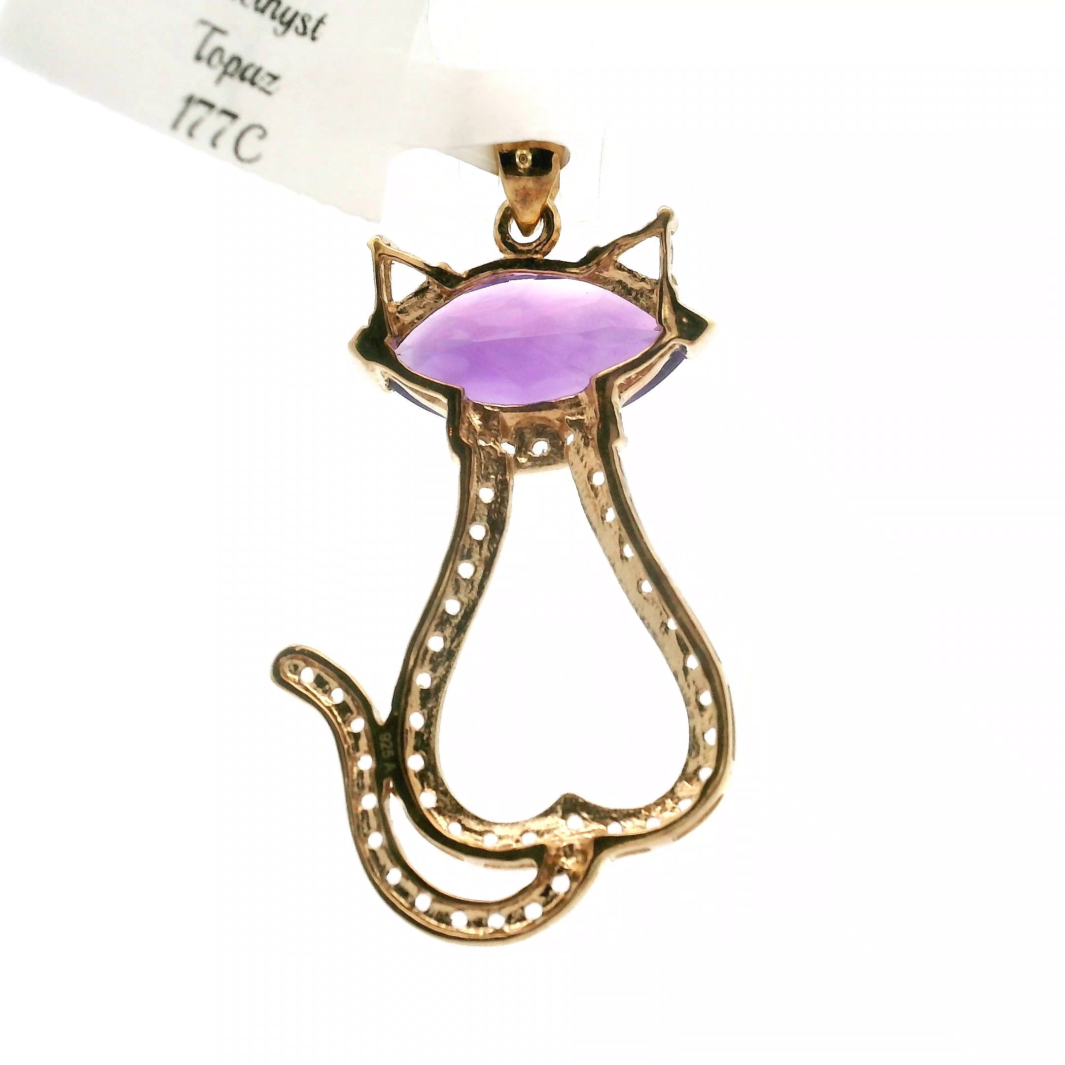 Amethyst with White Topaz Cat Pendant .925 Silver with Gold Plating for Higher Levels of Awareness, Peaceful Communication and Clarity