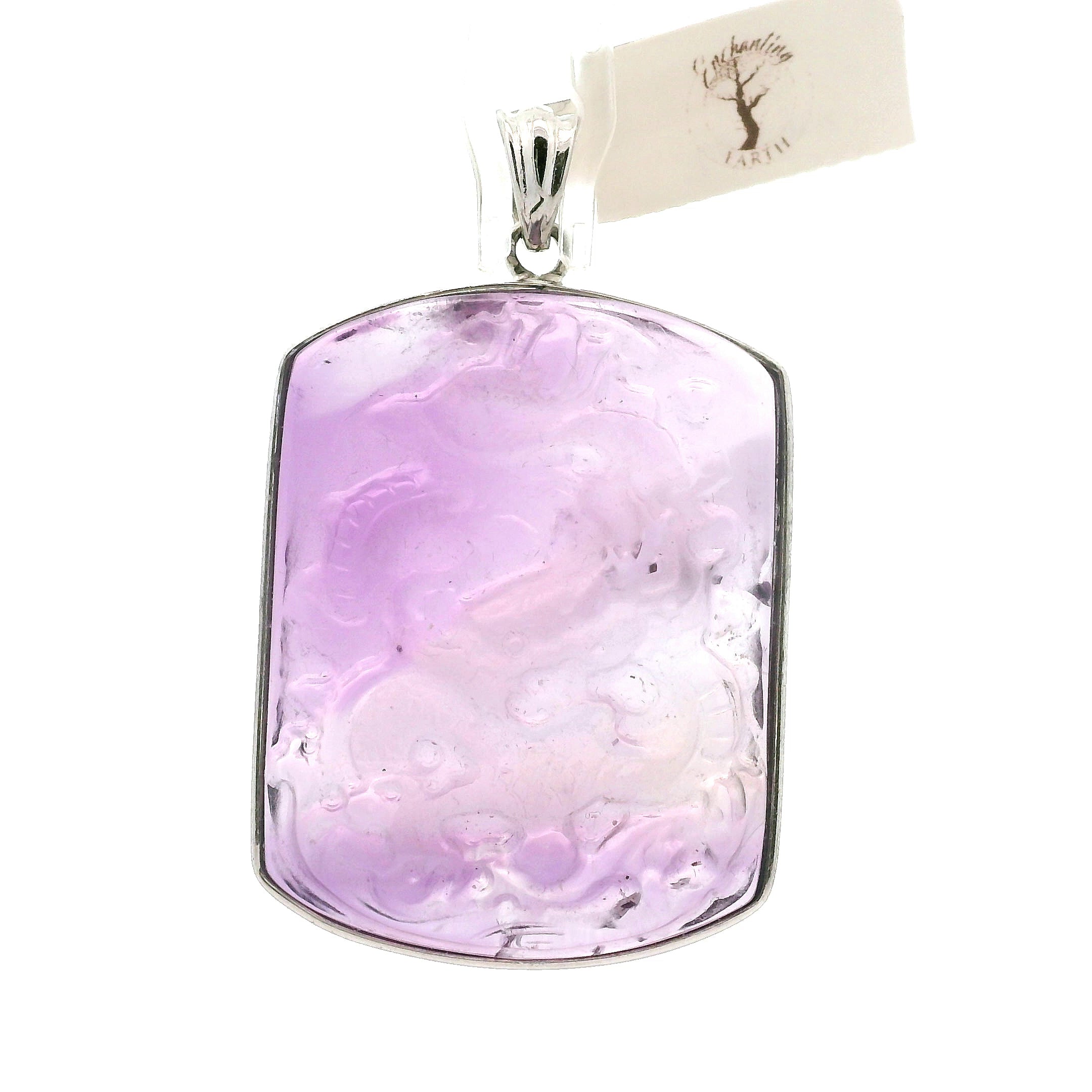 Amethyst Carved Dragon Pendant .925 Silver for Intuition and Energetic Purification