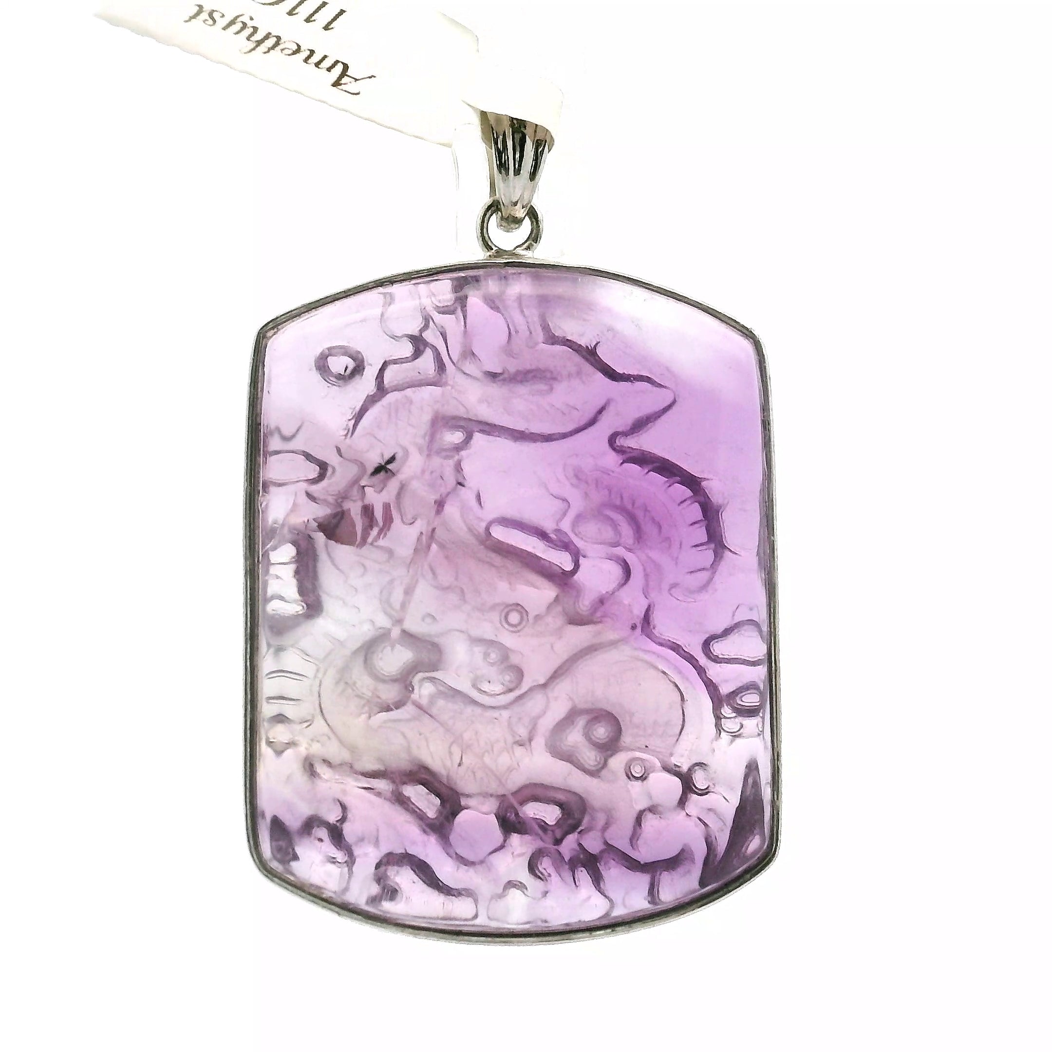 Amethyst Carved Dragon Pendant .925 Silver for Intuition and Energetic Purification