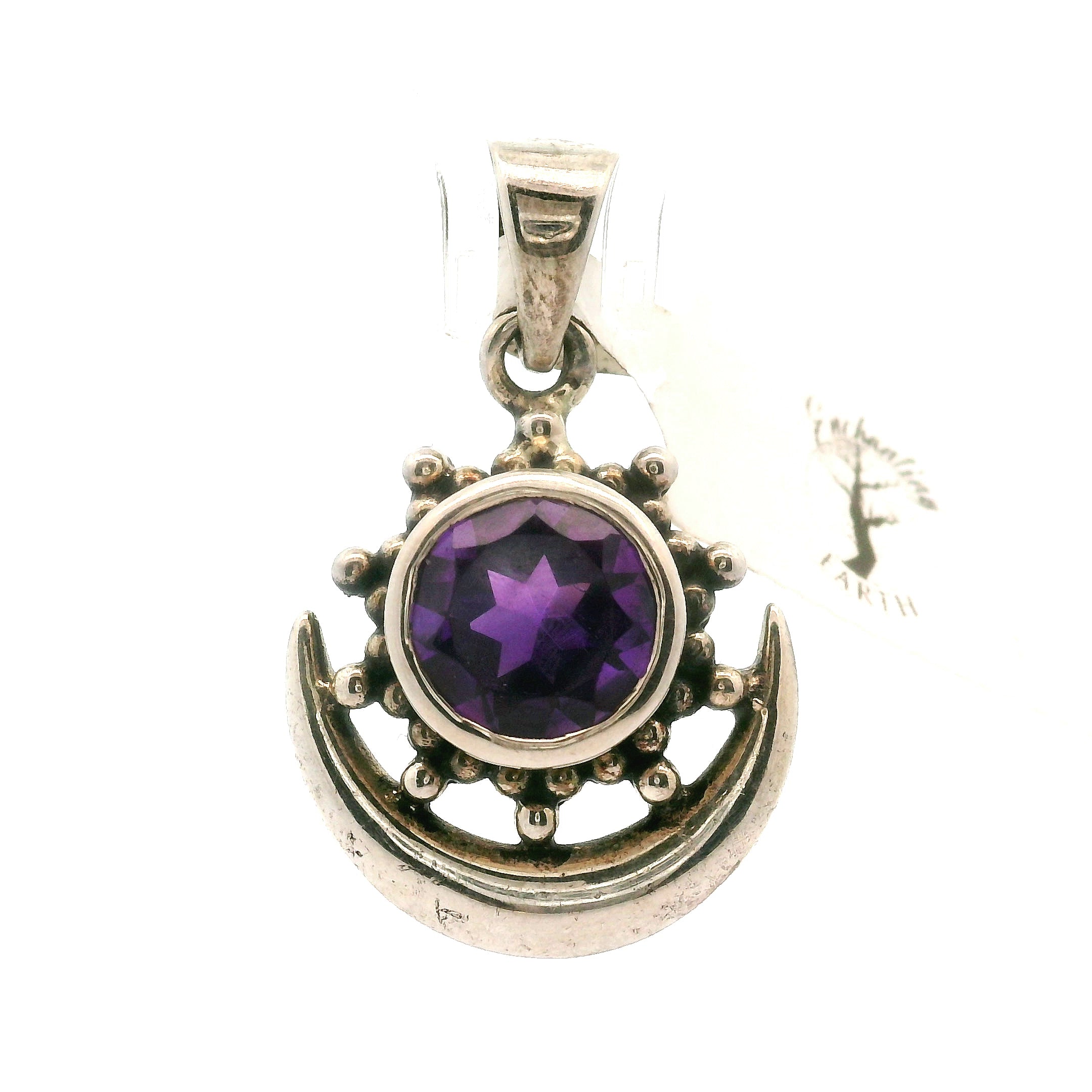 Celestial Amethyst Sun-burst and Crescent Moon Pendant .925 Silver for Enhancing your Intuitive Gifts