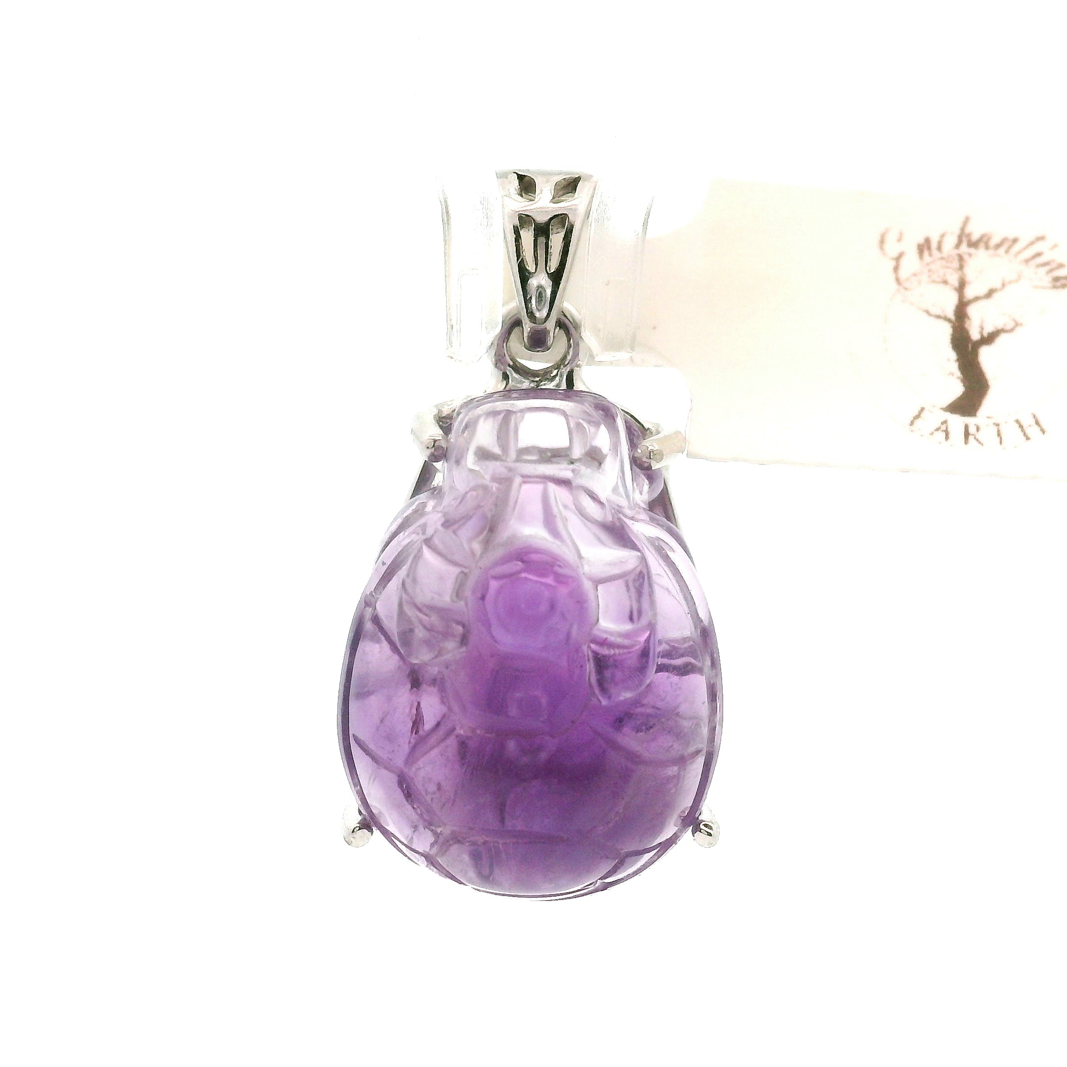 Amethyst Carved Dragon Turtle Pendant .925 Silver for Intuition and Energetic Purification