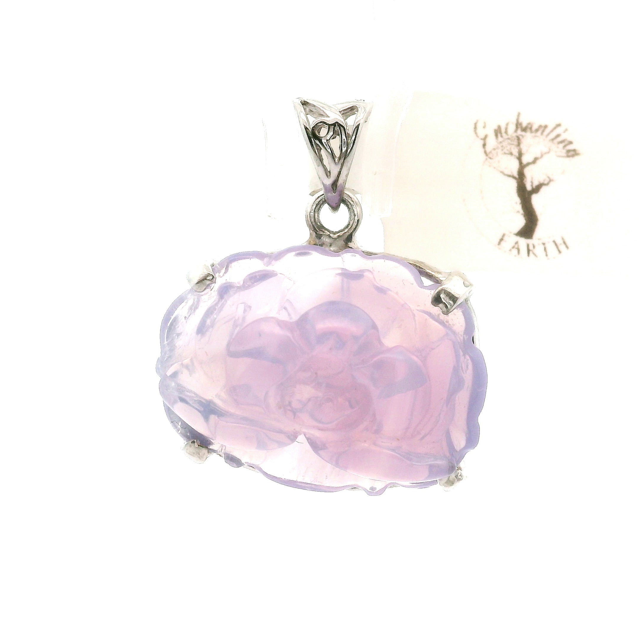 Lavender Moon Quartz Carved Lotus Pendant .925 Silver for Angelic Wisdom