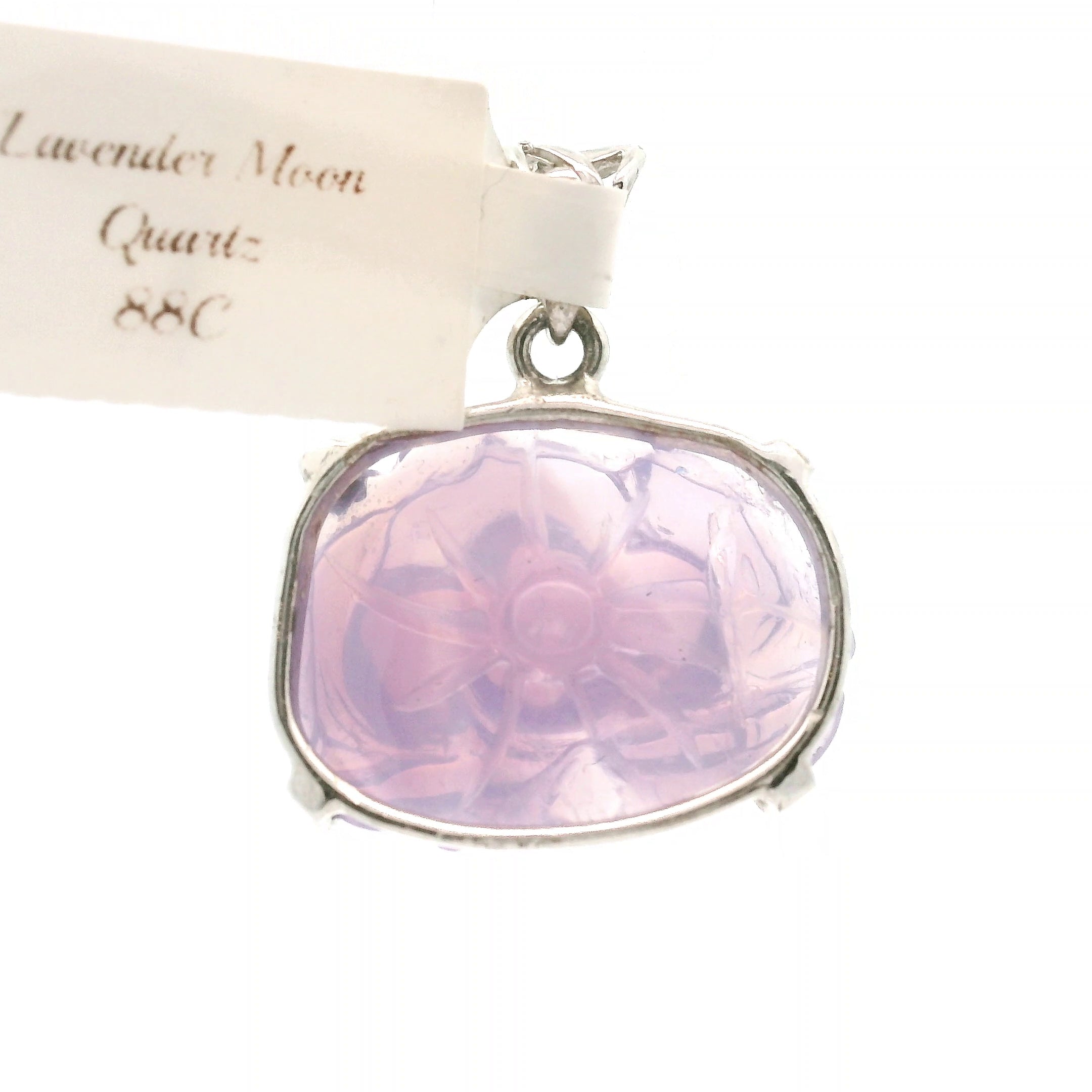 Lavender Moon Quartz Carved Lotus Pendant .925 Silver for Angelic Wisdom