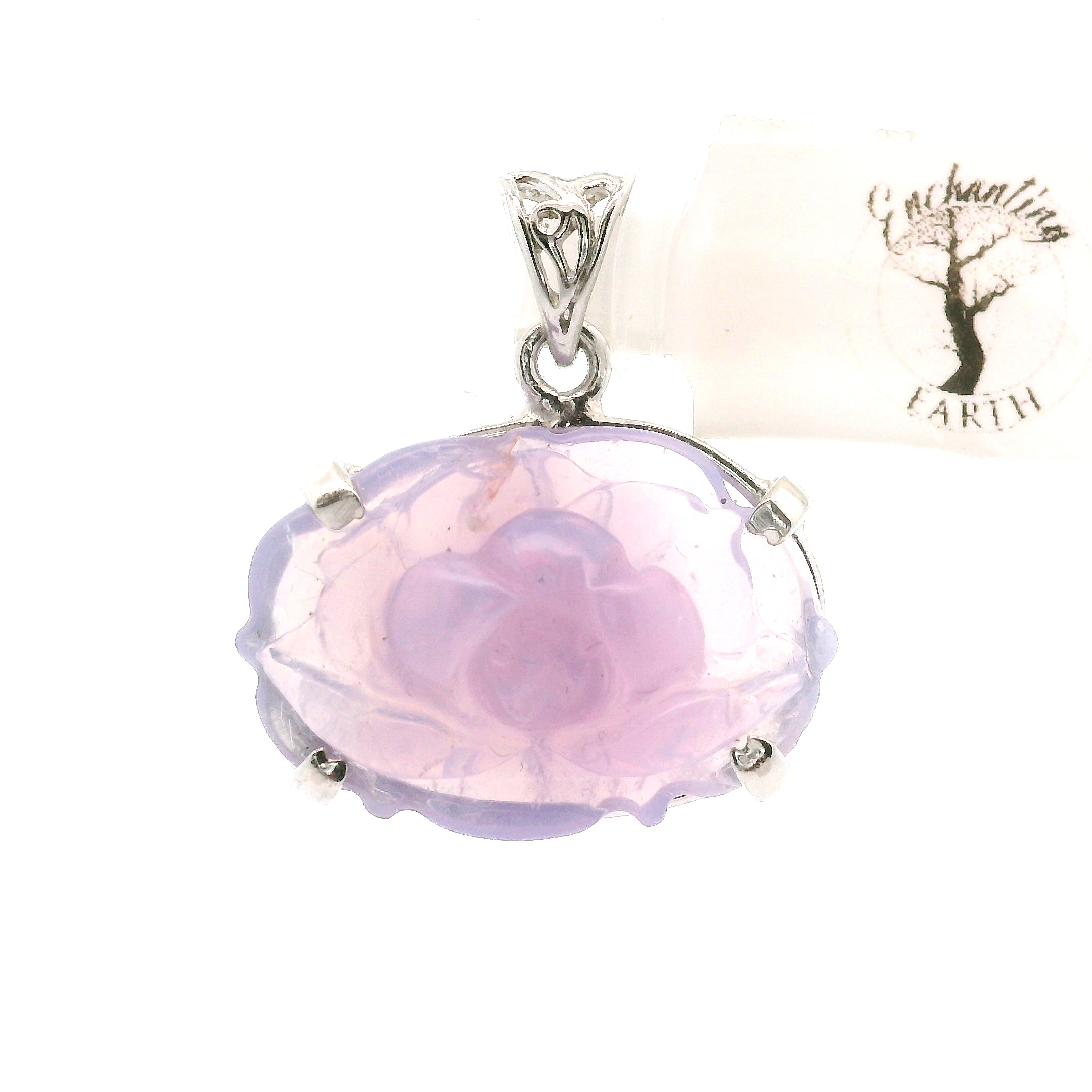 Lavender Moon Quartz Carved Lotus Pendant .925 Silver for Angelic Wisdom