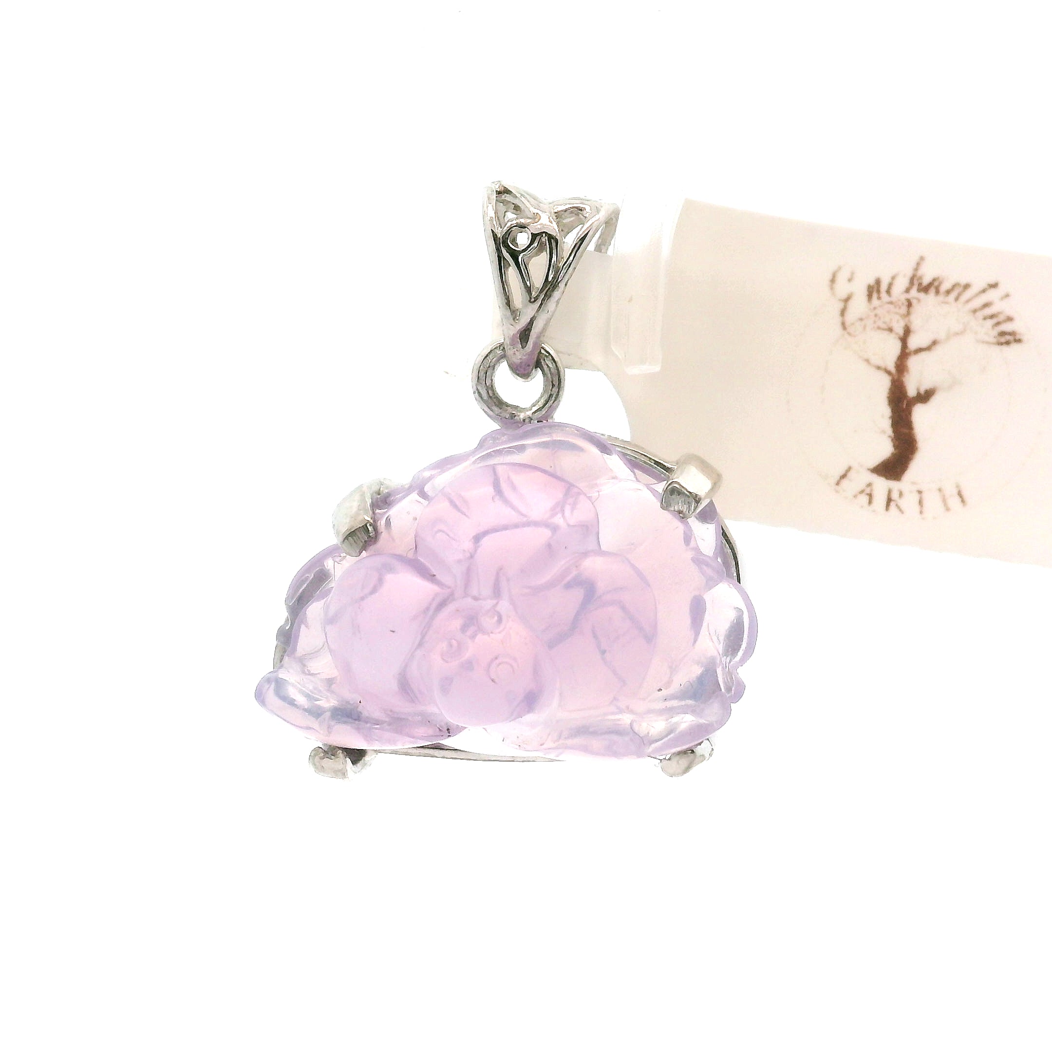 Lavender Moon Quartz Carved Lotus Pendant .925 Silver for Angelic Wisdom