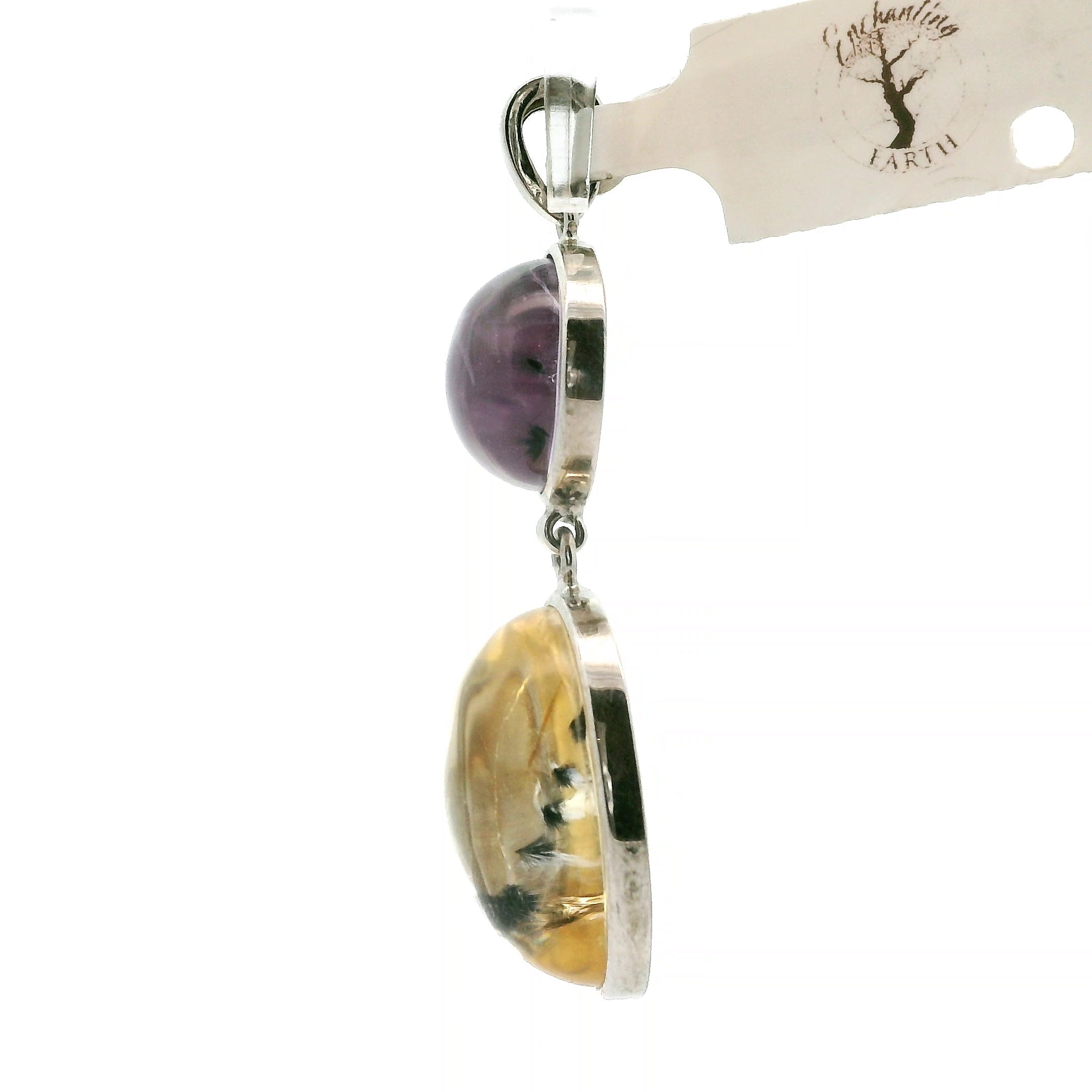 Amethyst and Citrine with Hollandite Inclusions Pendant .925 Silver for Intuition and Protection
