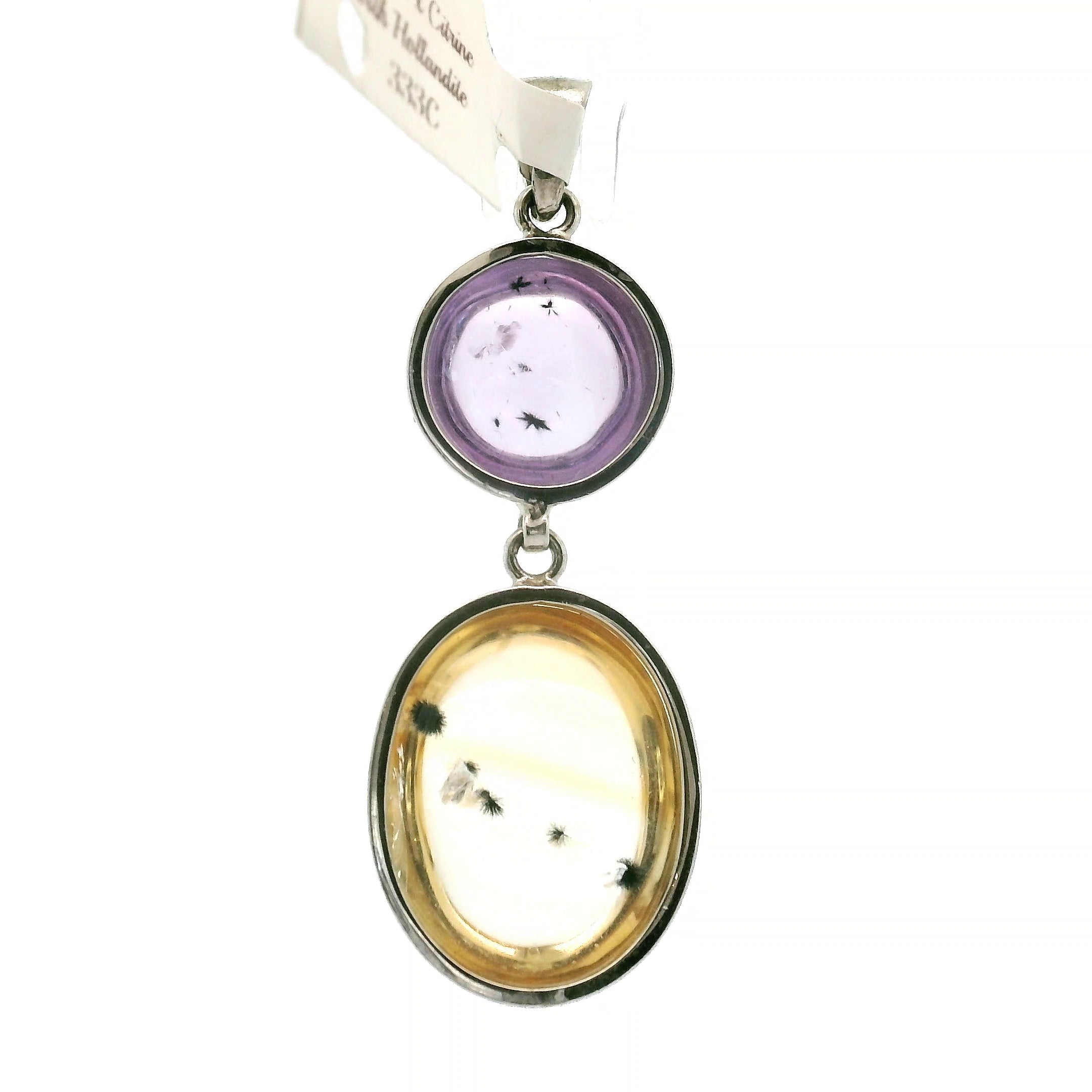 Amethyst and Citrine with Hollandite Inclusions Pendant .925 Silver for Intuition and Protection