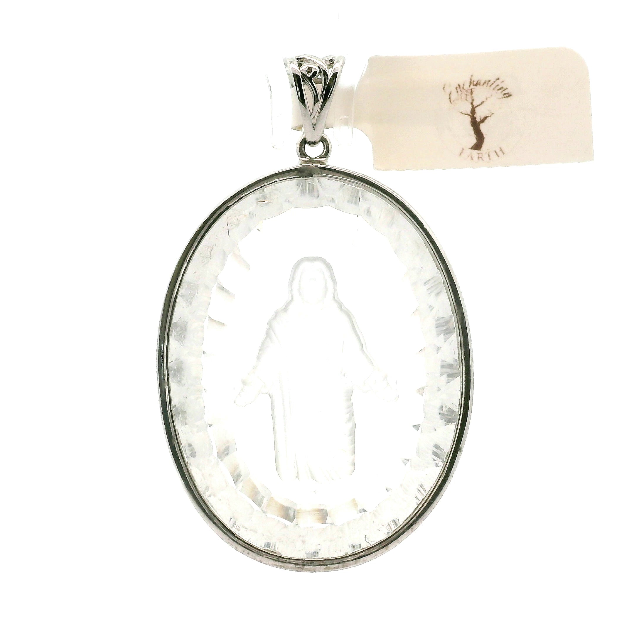 Clear Quartz with Engraved Jesus Pendant .925 Silver for Protection and Manifestation