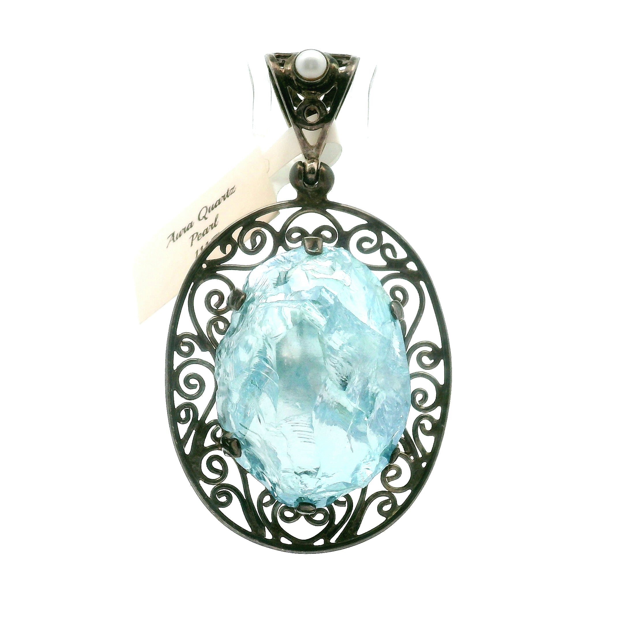 Aqua Aura Quartz with Pearl Pendant .925 Silver for Love, Connection with Angels and Spirit Guides