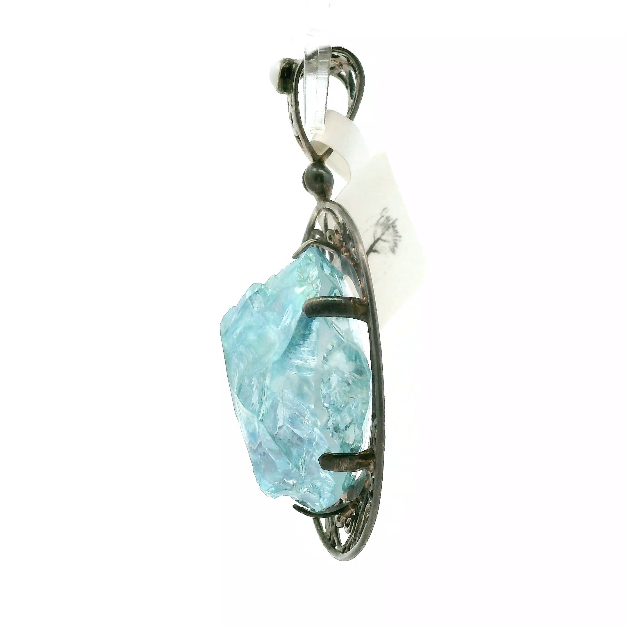 Aqua Aura Quartz with Pearl Pendant .925 Silver for Love, Connection with Angels and Spirit Guides