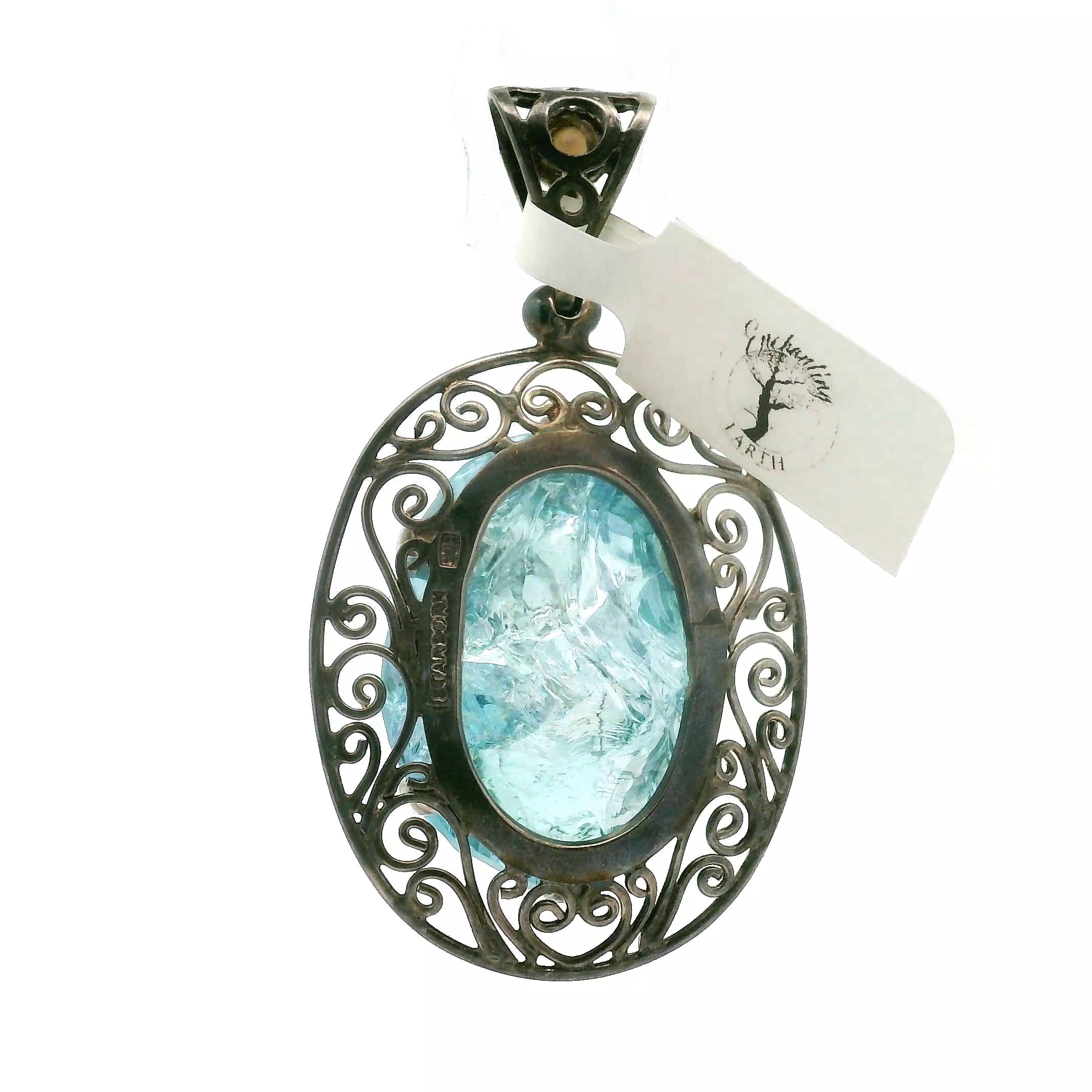 Aqua Aura Quartz with Pearl Pendant .925 Silver for Love, Connection with Angels and Spirit Guides