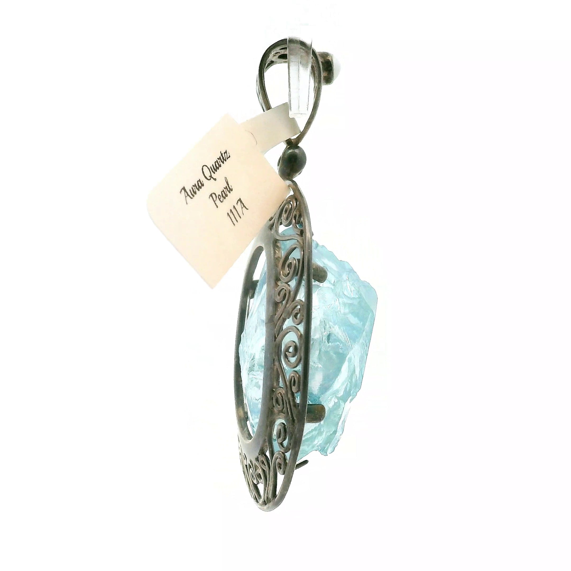 Aqua Aura Quartz with Pearl Pendant .925 Silver for Love, Connection with Angels and Spirit Guides