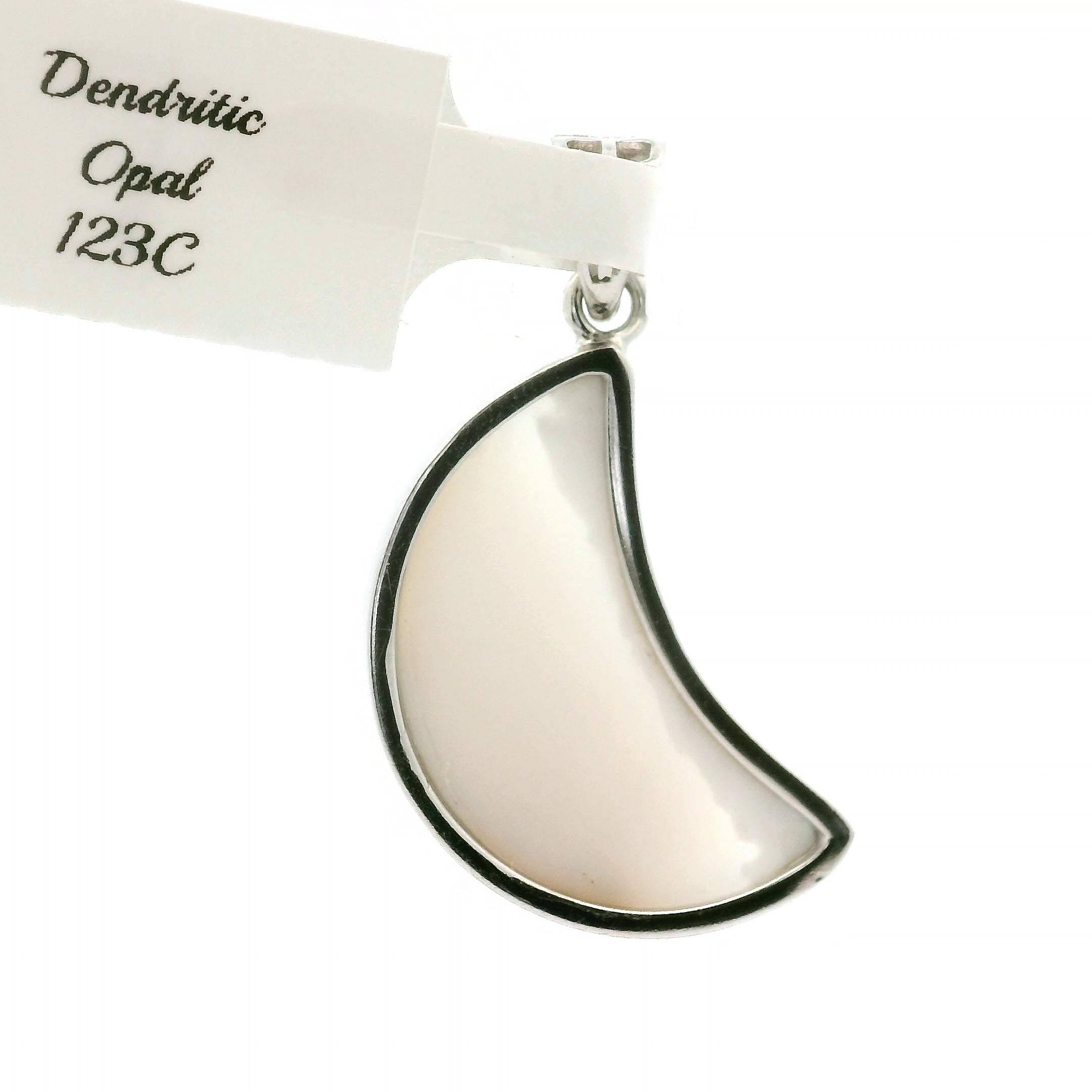 Dendritic Opal Moon Pendant .925 Silver with Rhodium Plating for Emotional Maturity, Inner Peace and Improved Self Esteem