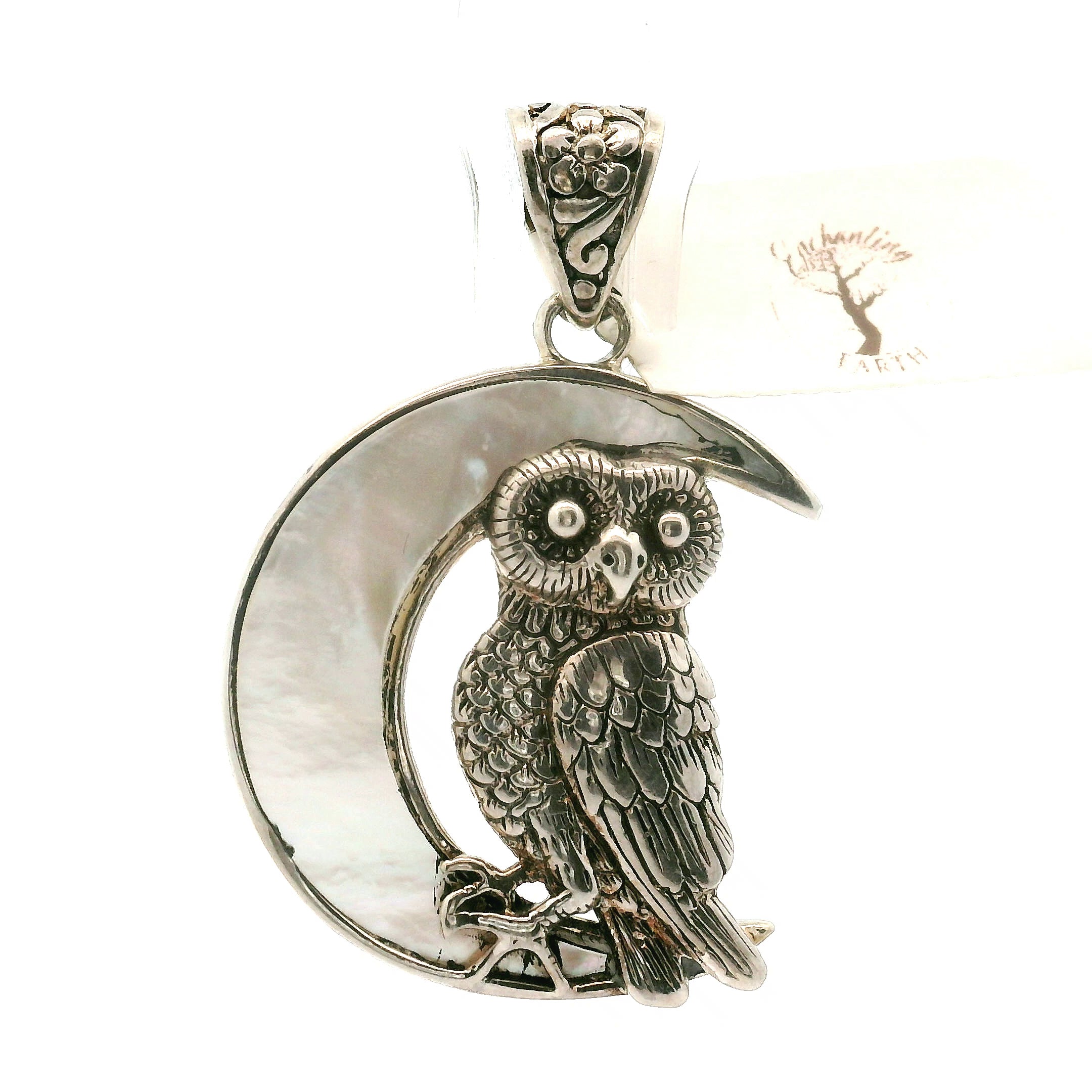 Mother of Pearl Owl Moon Pendant .925 Silver with Rhodium Plating for Peace and Wisdom