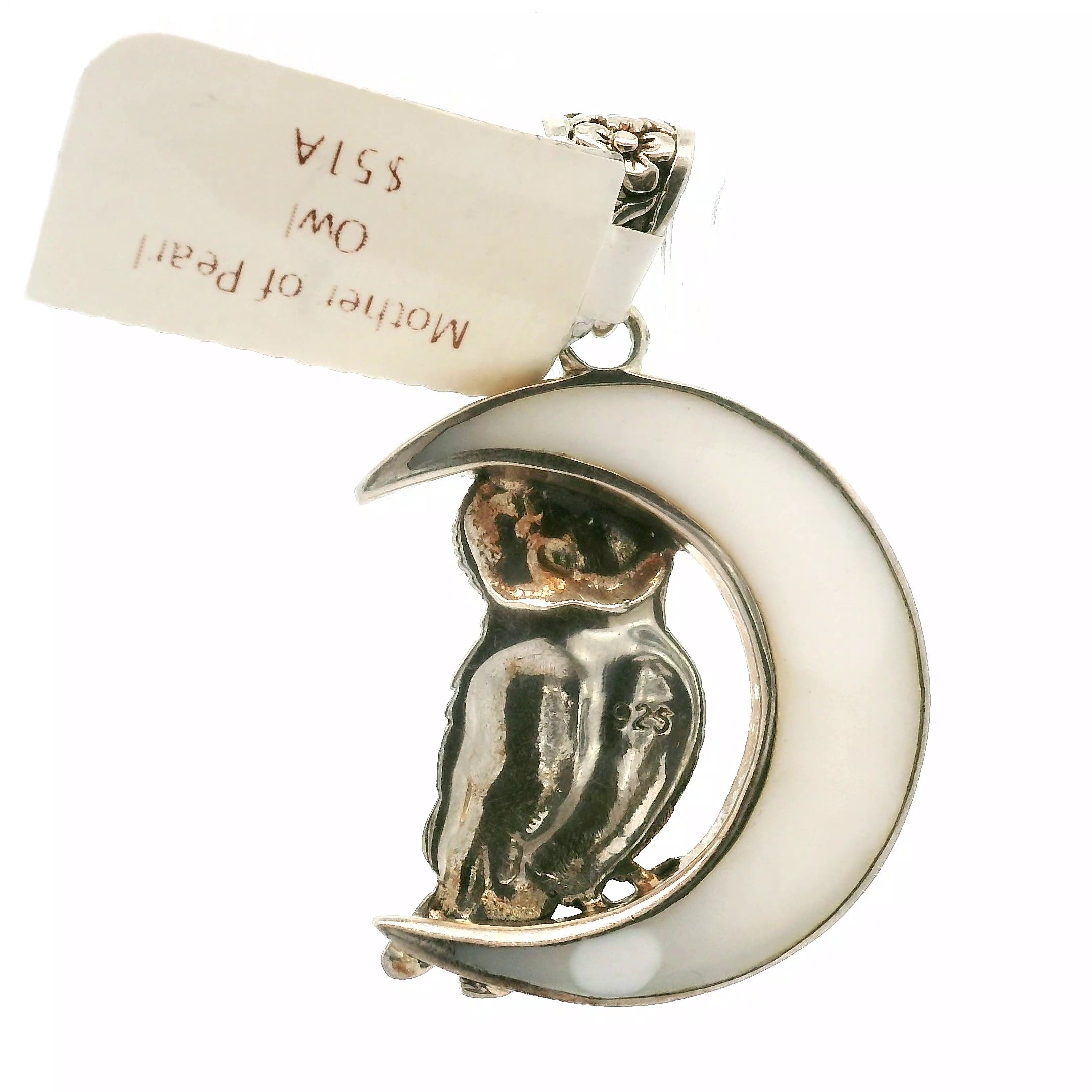 Mother of Pearl Owl Moon Pendant .925 Silver with Rhodium Plating for Peace and Wisdom
