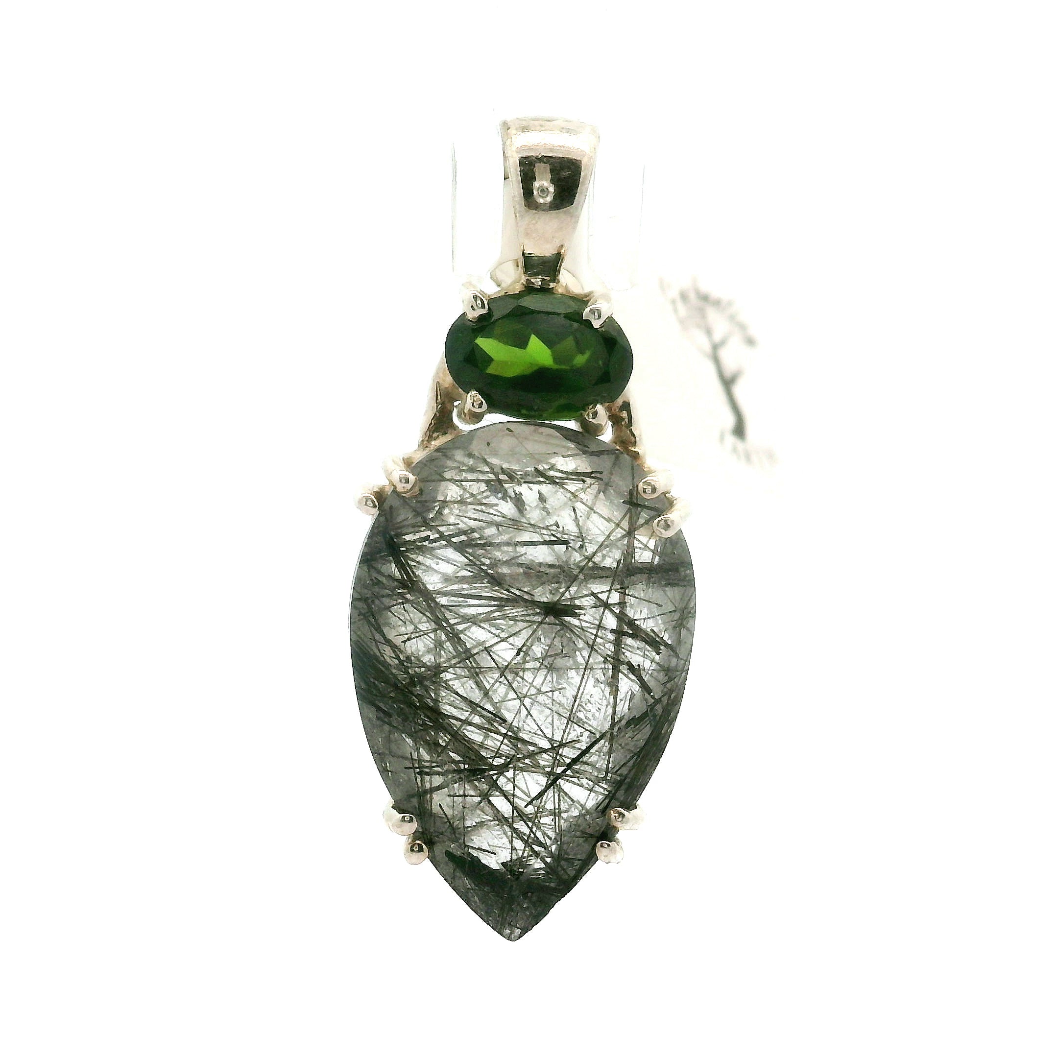 Black Tourmaline in Quartz Multi-Stone Pendant .925 Sterling Silver for Powerful Protection and Aura Cleansing