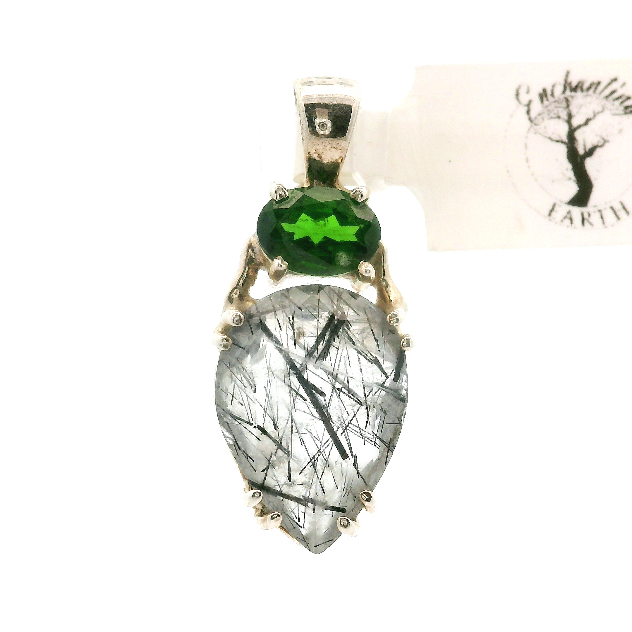 Black Tourmaline in Quartz Multi-Stone Pendant .925 Sterling Silver for Powerful Protection and Aura Cleansing