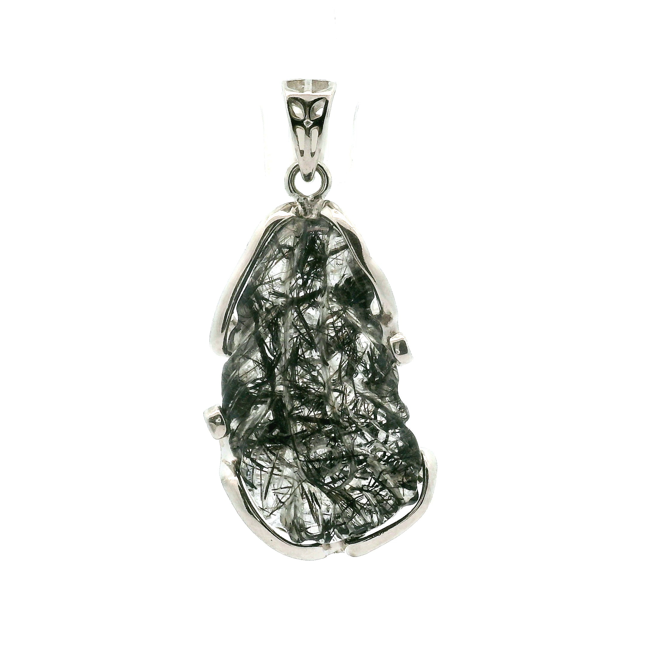 Black Tourmaline in Quartz Feather Pendant .925 Sterling Silver for Powerful Protection and Aura Cleansing