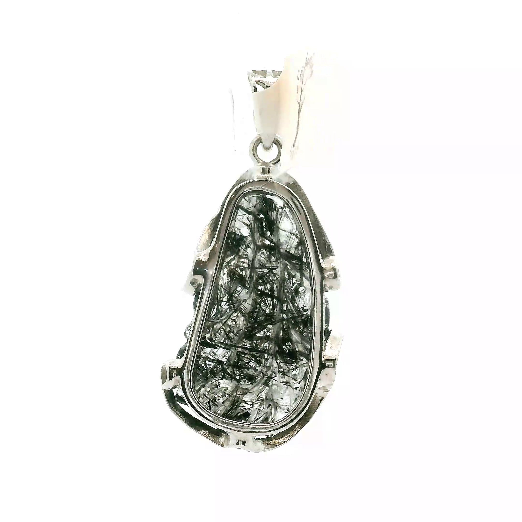 Black Tourmaline in Quartz Feather Pendant .925 Sterling Silver for Powerful Protection and Aura Cleansing