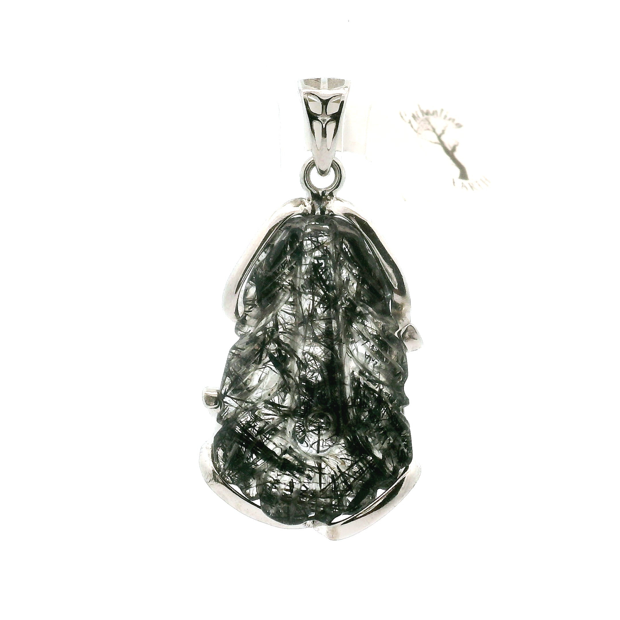 Black Tourmaline in Quartz Feather Pendant .925 Sterling Silver for Powerful Protection and Aura Cleansing