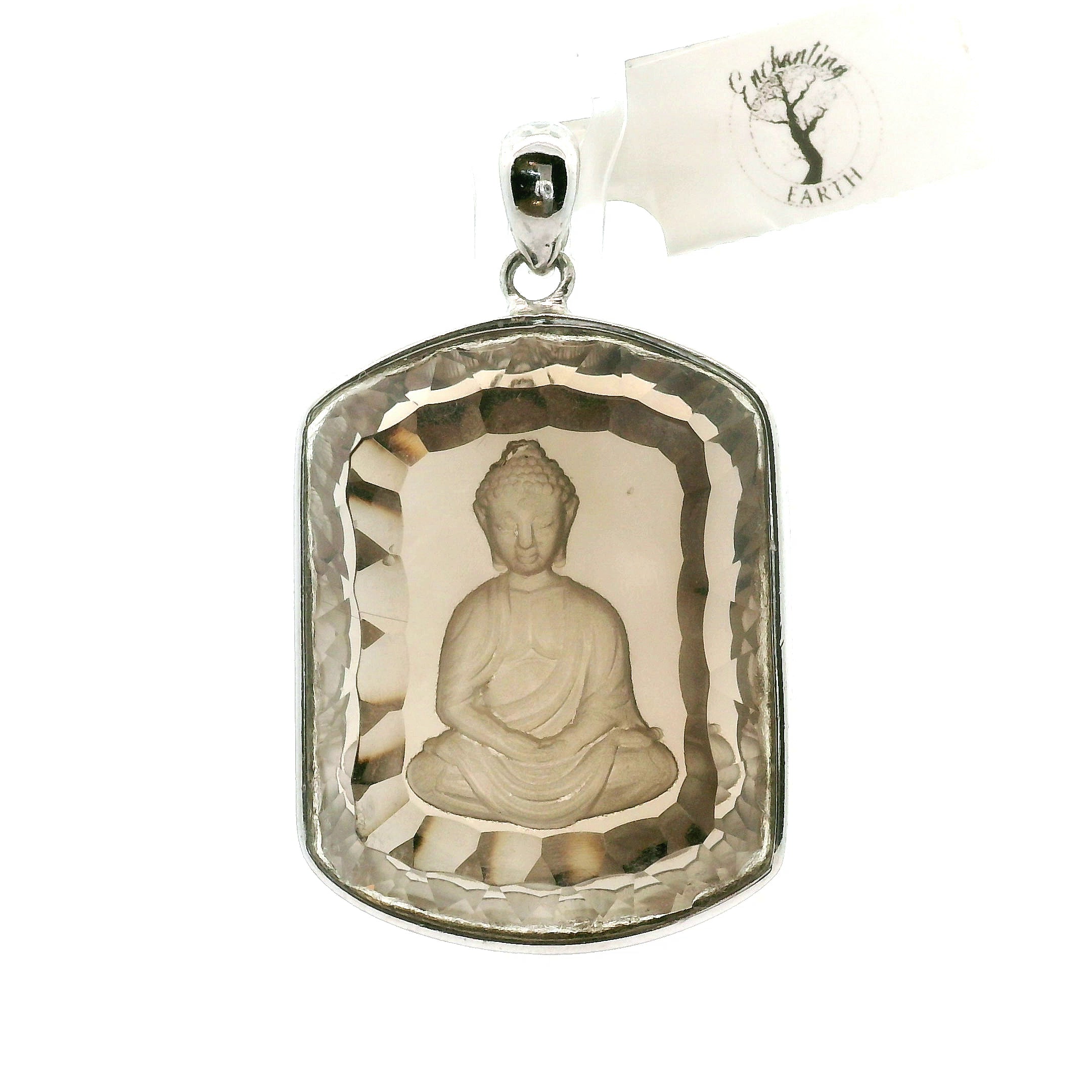 Smokey Quartz Engraved Buddha Pendants .925 Silver for Energetic Cleansing, Manifestation and Protection