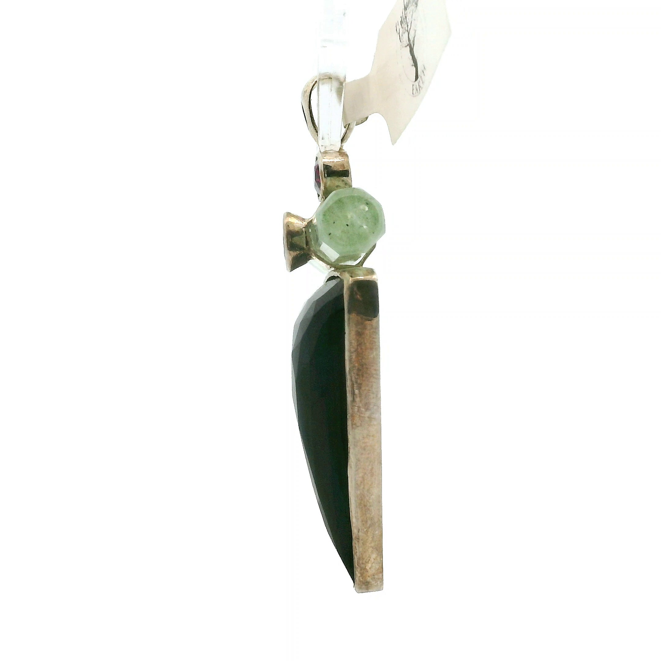 Black Spinel, Green Aquamarine, Rhodolite Garnet and Pink Tourmaline Triangle Pendant for Protection, Peace and Energetic Purification