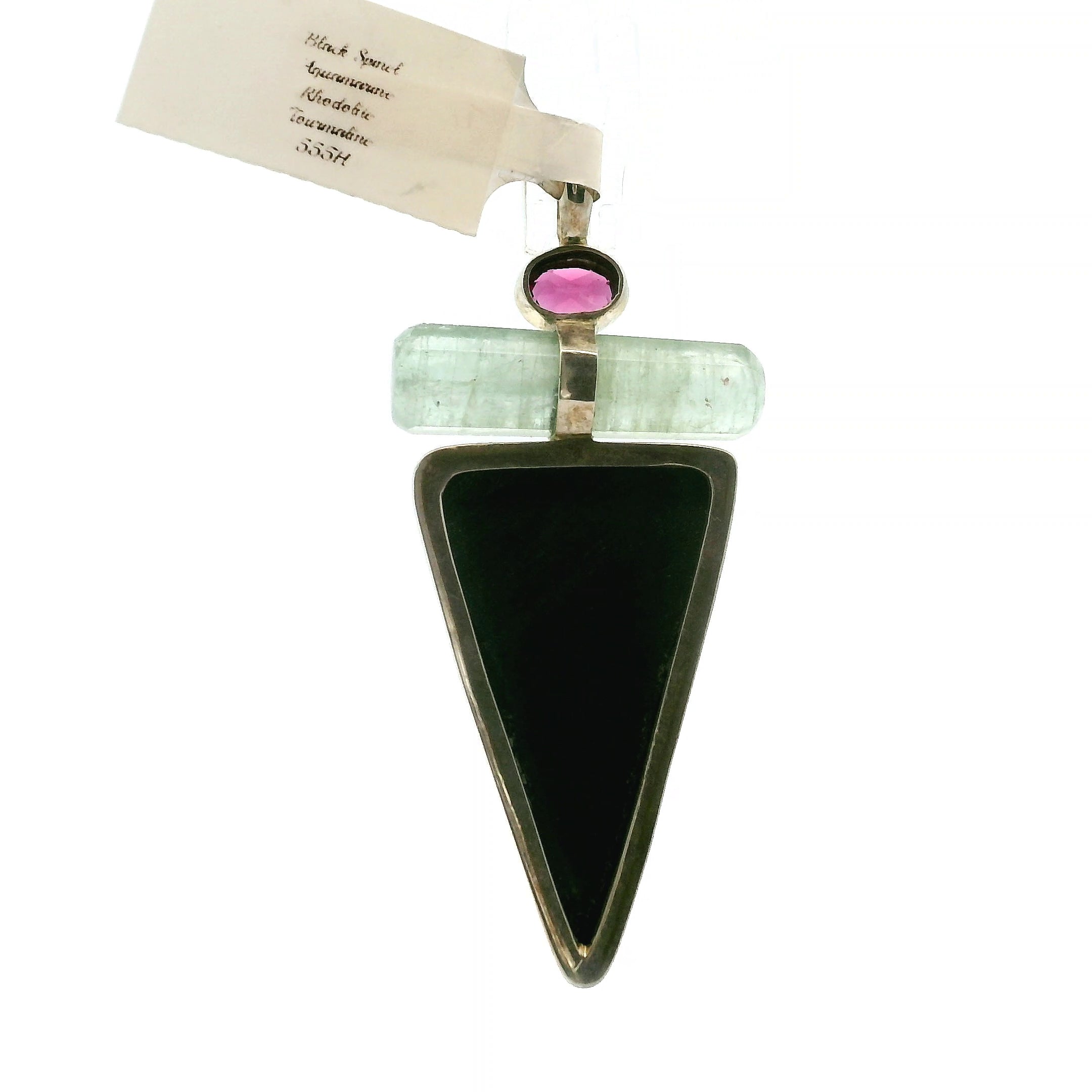 Black Spinel, Green Aquamarine, Rhodolite Garnet and Pink Tourmaline Triangle Pendant for Protection, Peace and Energetic Purification