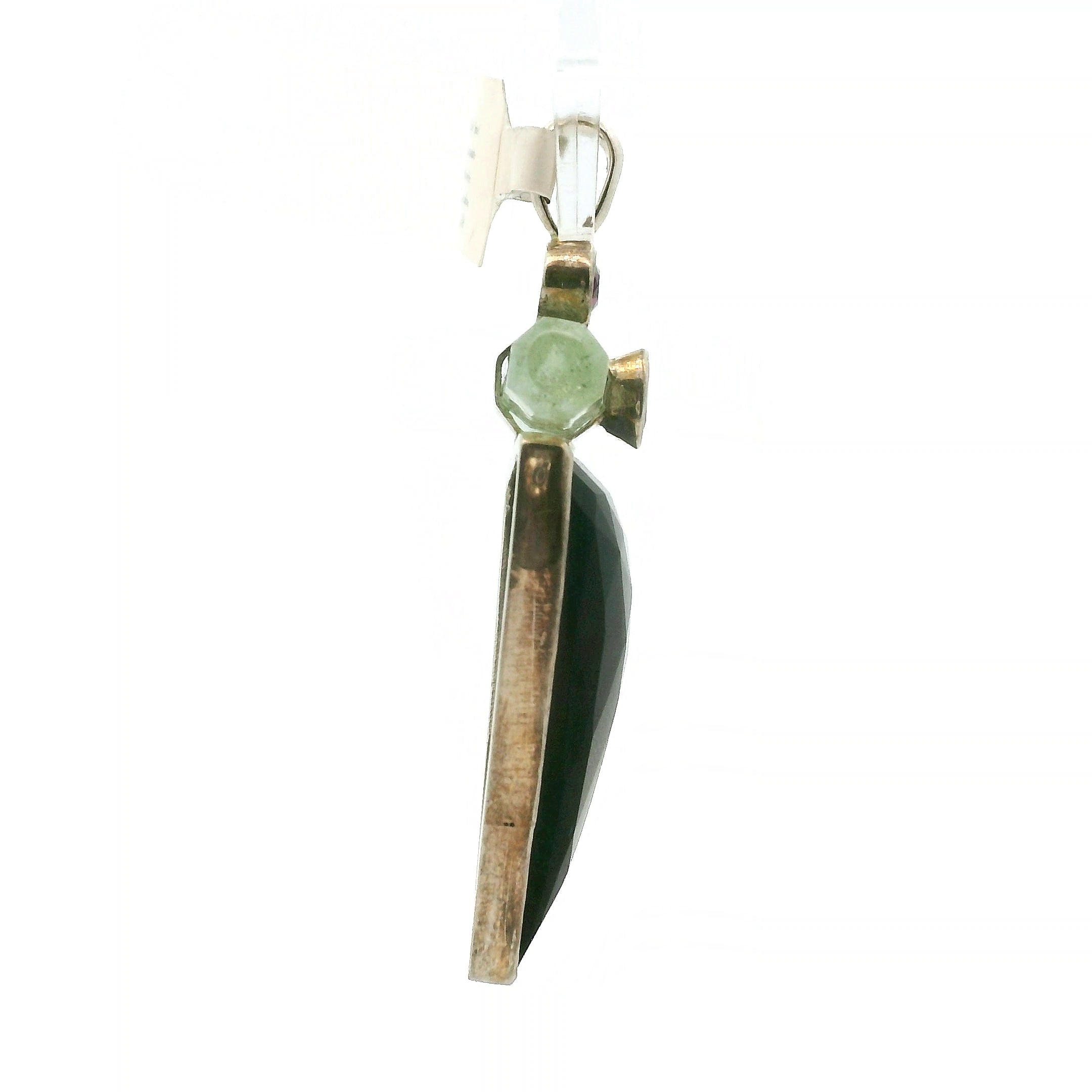 Black Spinel, Green Aquamarine, Rhodolite Garnet and Pink Tourmaline Triangle Pendant for Protection, Peace and Energetic Purification