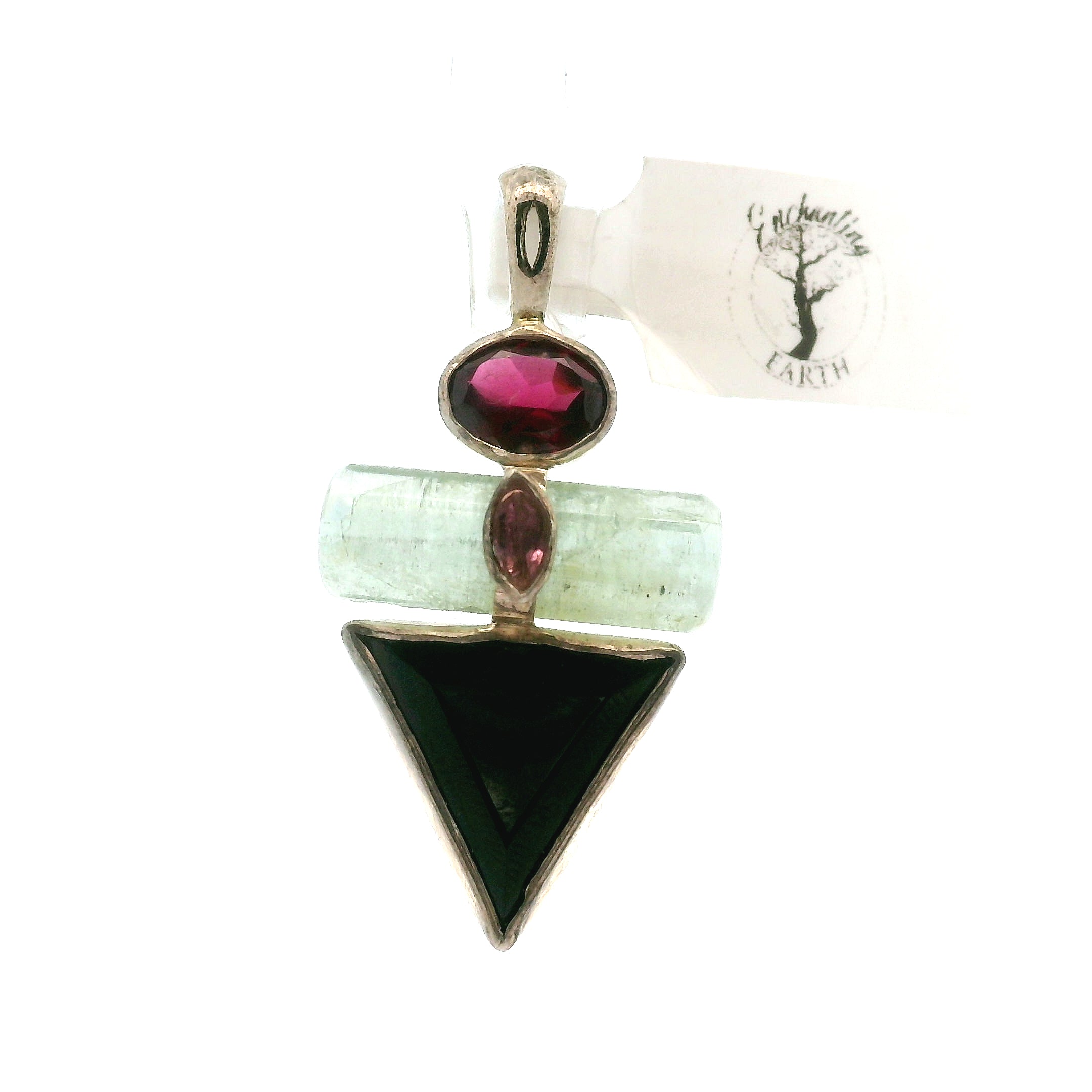 Black Spinel, Green Aquamarine, Rhodolite Garnet and Pink Tourmaline Triangle Pendant for Protection, Peace and Energetic Purification