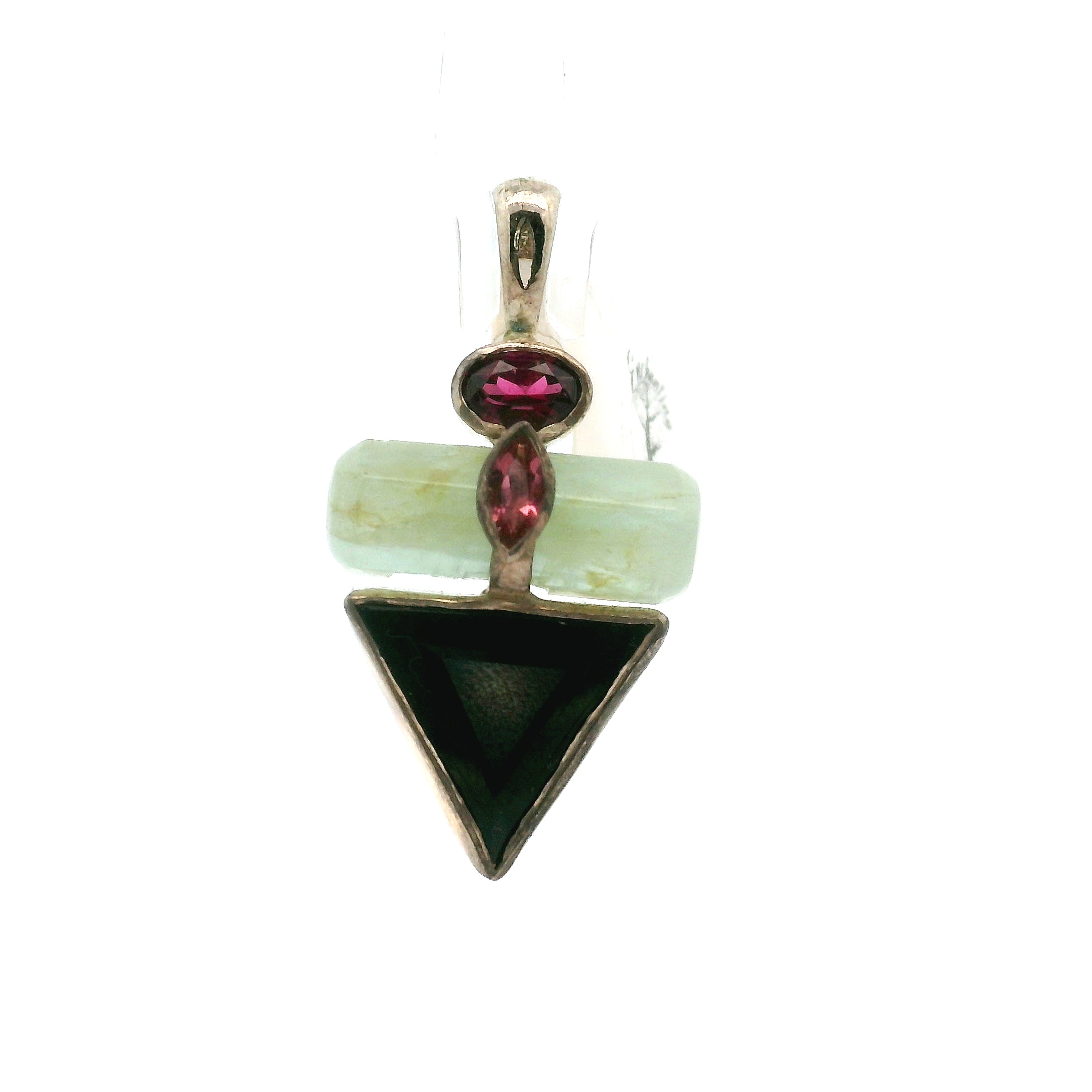 Black Spinel, Green Aquamarine, Rhodolite Garnet and Pink Tourmaline Triangle Pendant for Protection, Peace and Energetic Purification