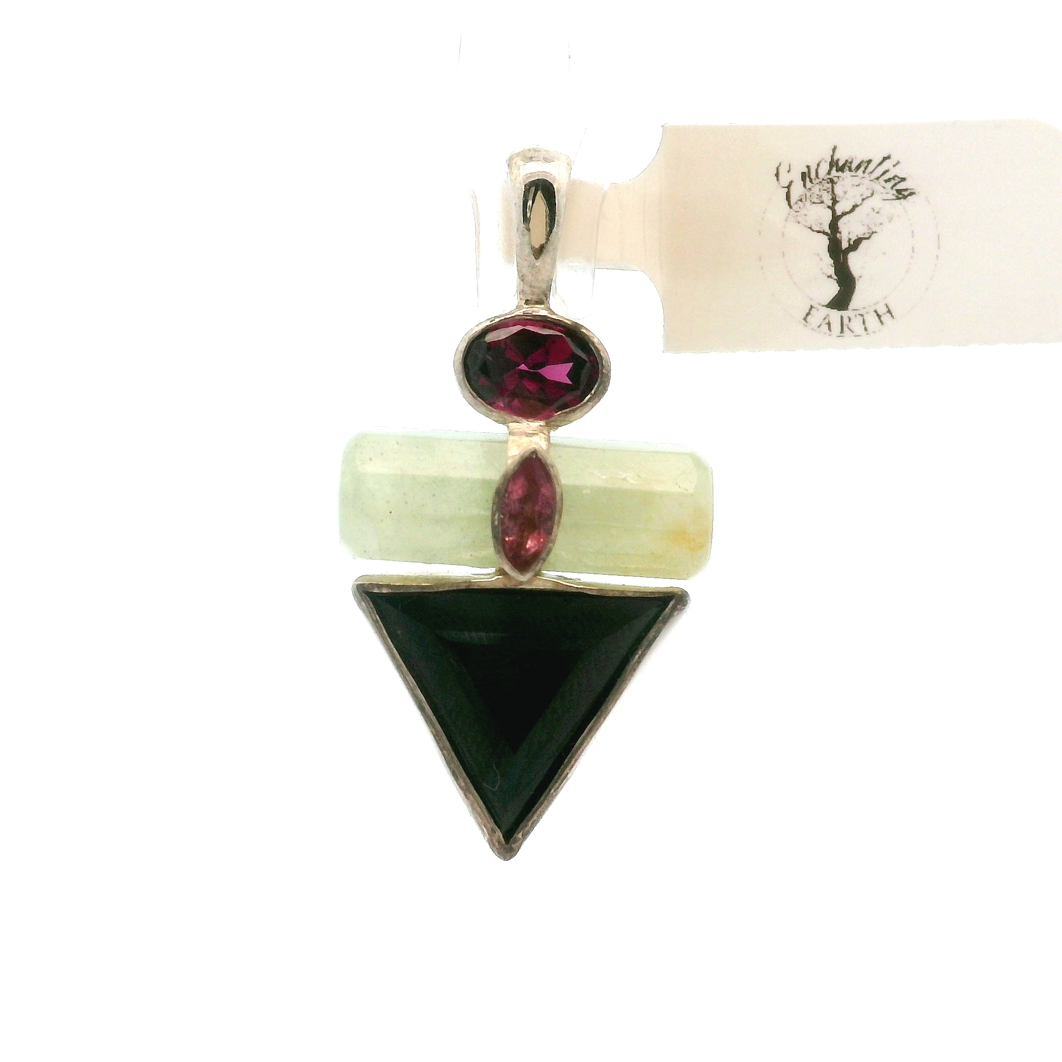 Black Spinel, Green Aquamarine, Rhodolite Garnet and Pink Tourmaline Triangle Pendant for Protection, Peace and Energetic Purification