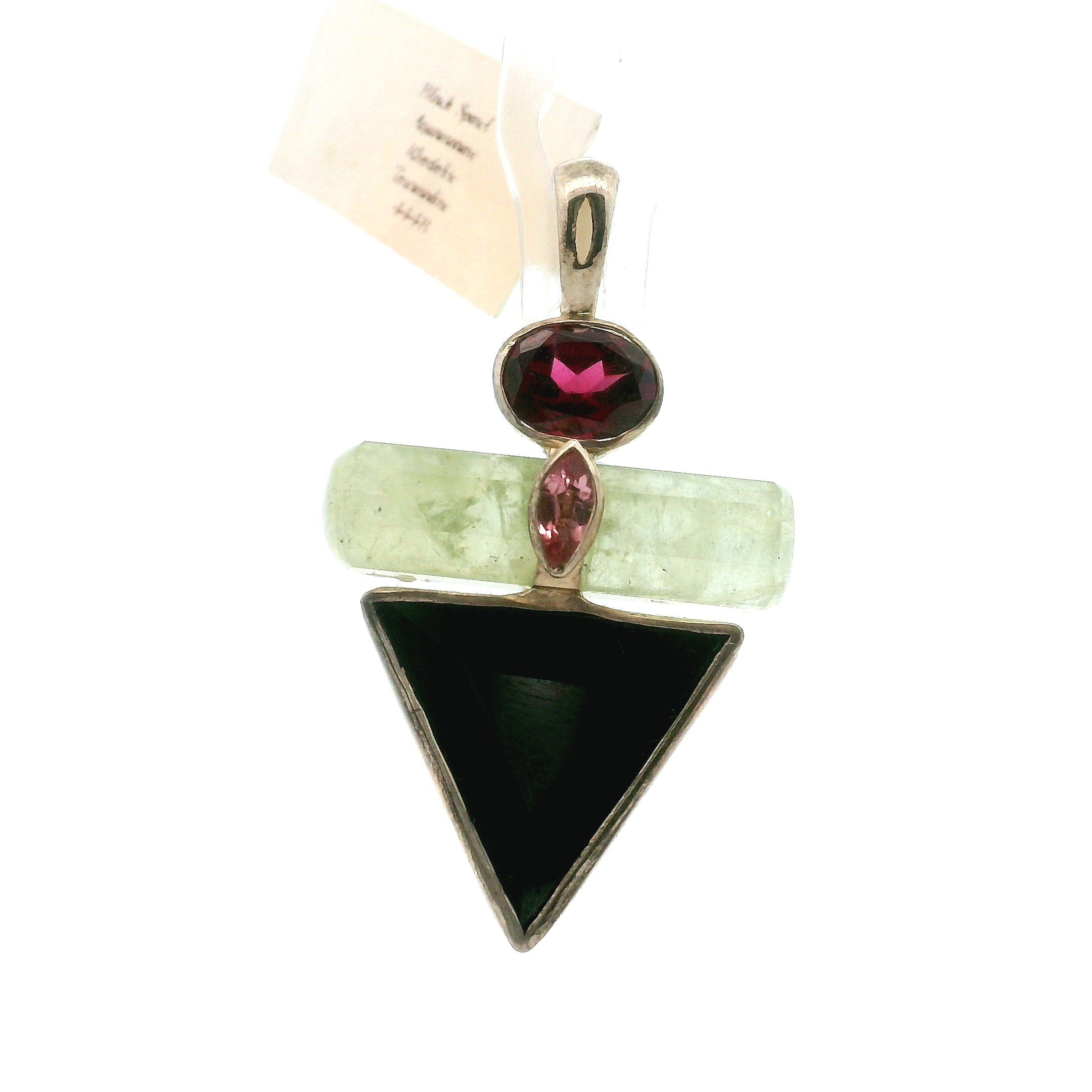 Black Spinel, Green Aquamarine, Rhodolite Garnet and Pink Tourmaline Triangle Pendant for Protection, Peace and Energetic Purification