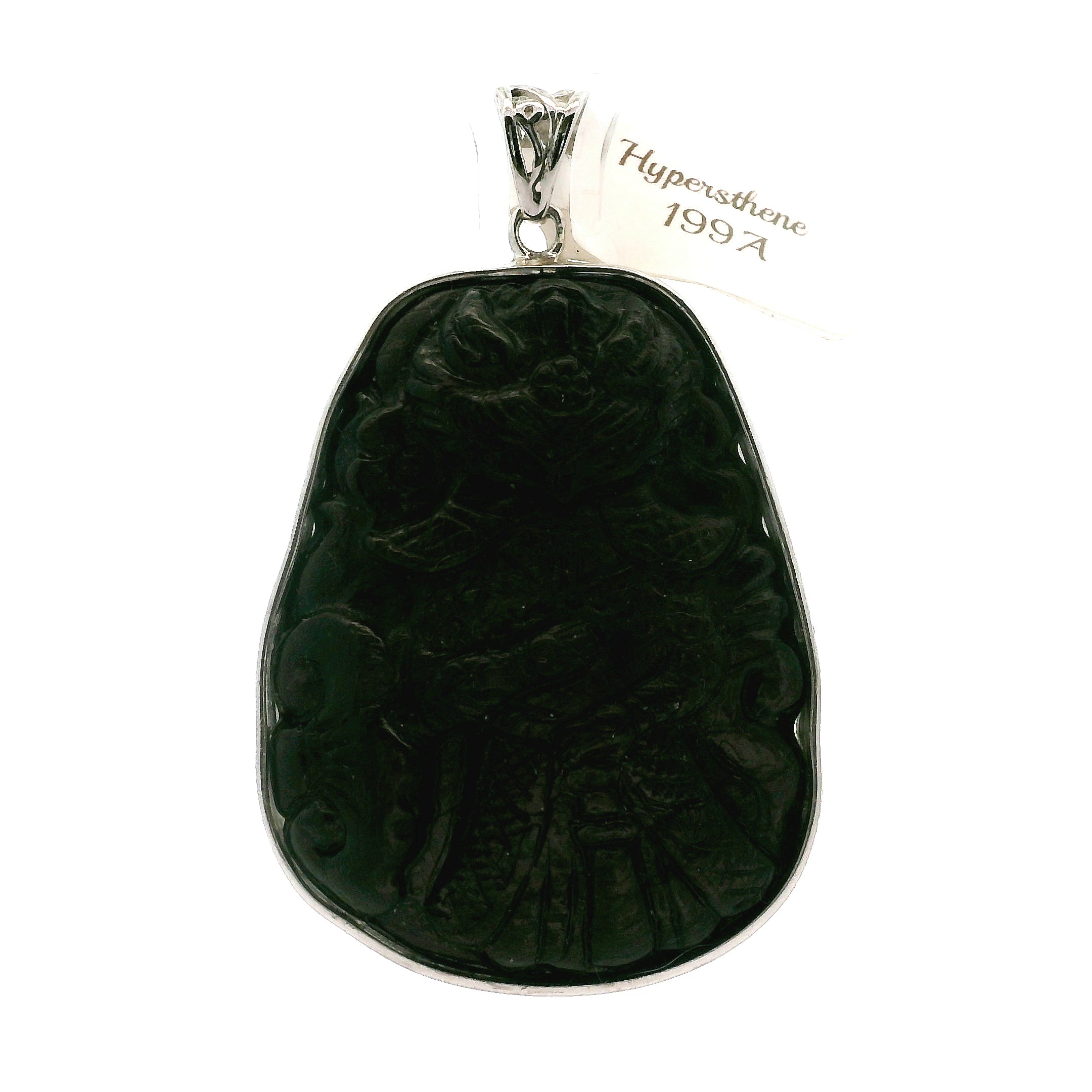 Hypersthene Large Nine-tails Carved Pendant .925 Silver for Calm, Magic and Improved Manifestation