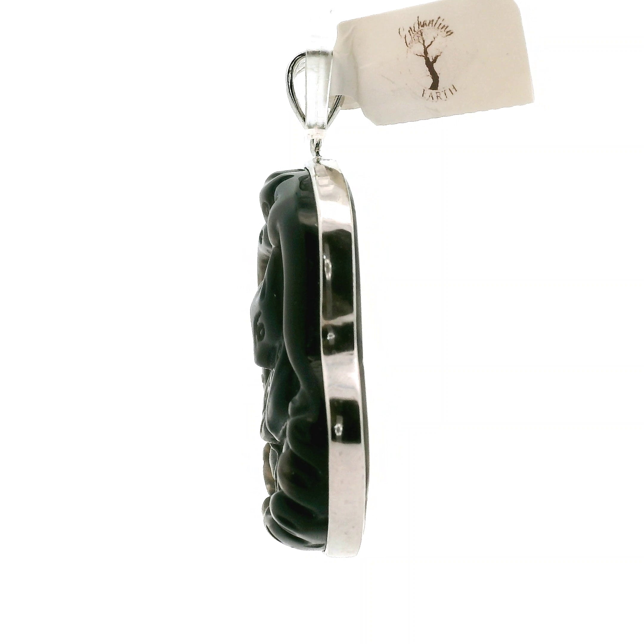 Sheen Obsidian Nine-tails Carved Pendant .925 Silver for Calm, Magic and Improved Manifestation