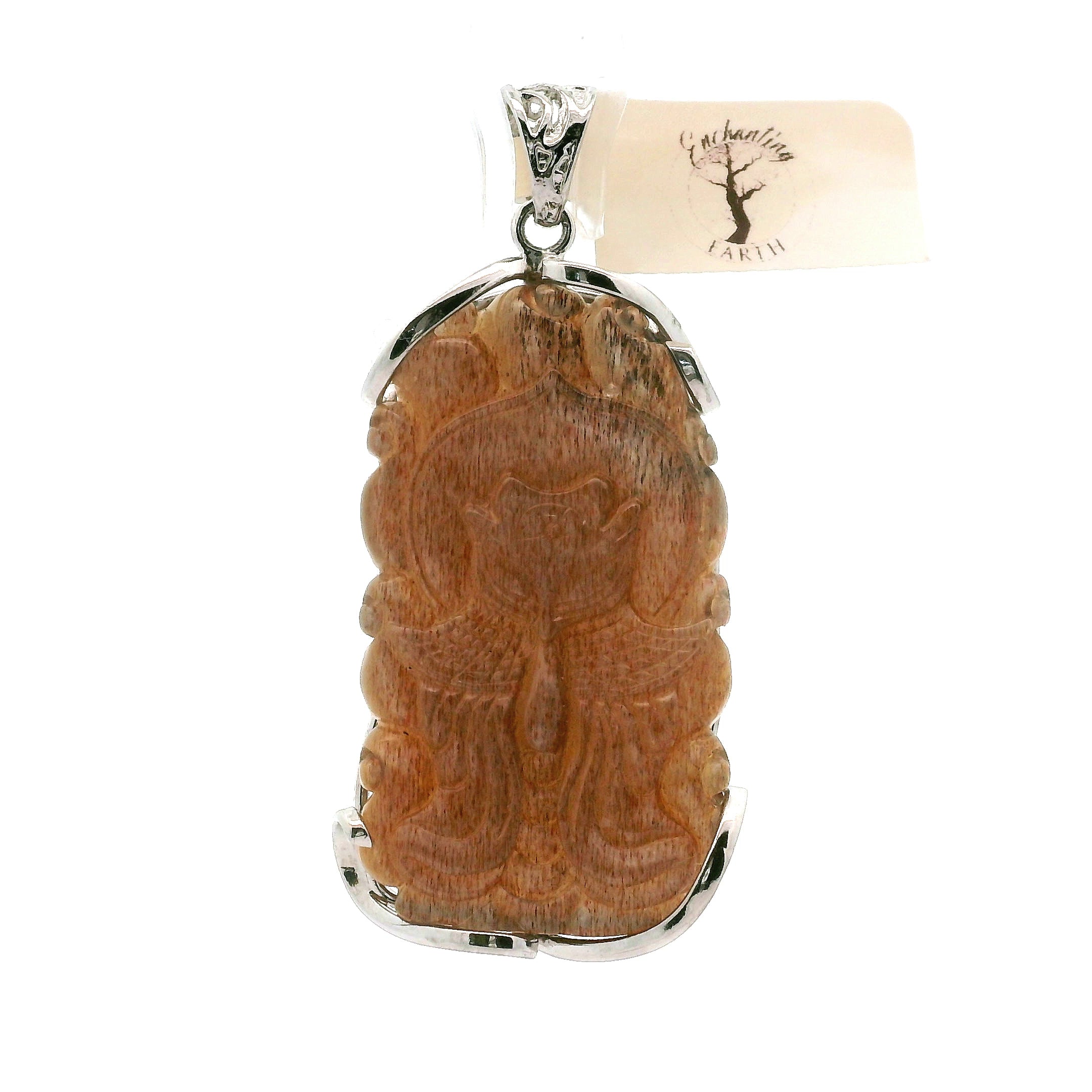 Black Moonstone Sunstone Nine-tails Carved Pendant .925 Silver for Calm, Magic and Improved Manifestation