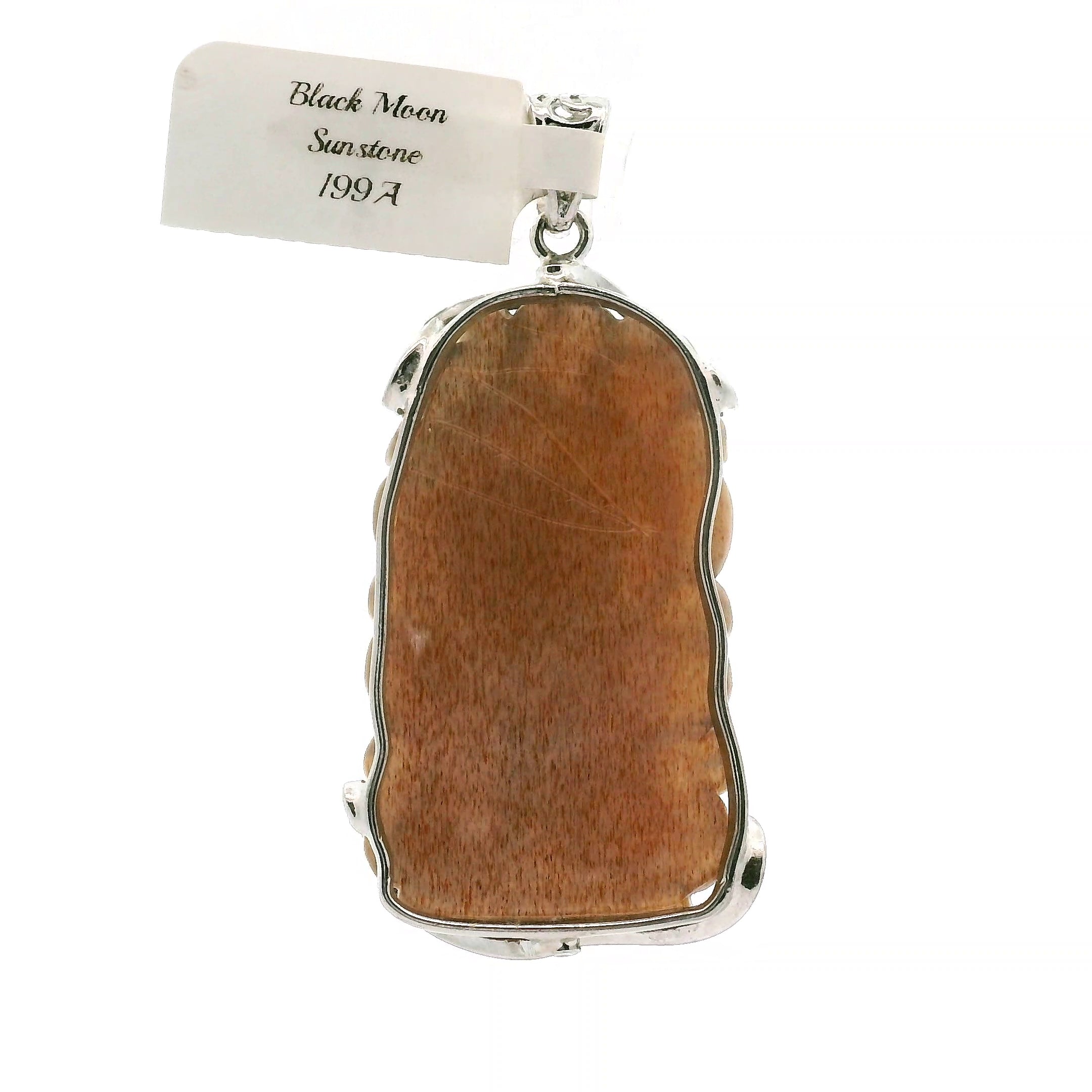 Black Moonstone Sunstone Nine-tails Carved Pendant .925 Silver for Calm, Magic and Improved Manifestation