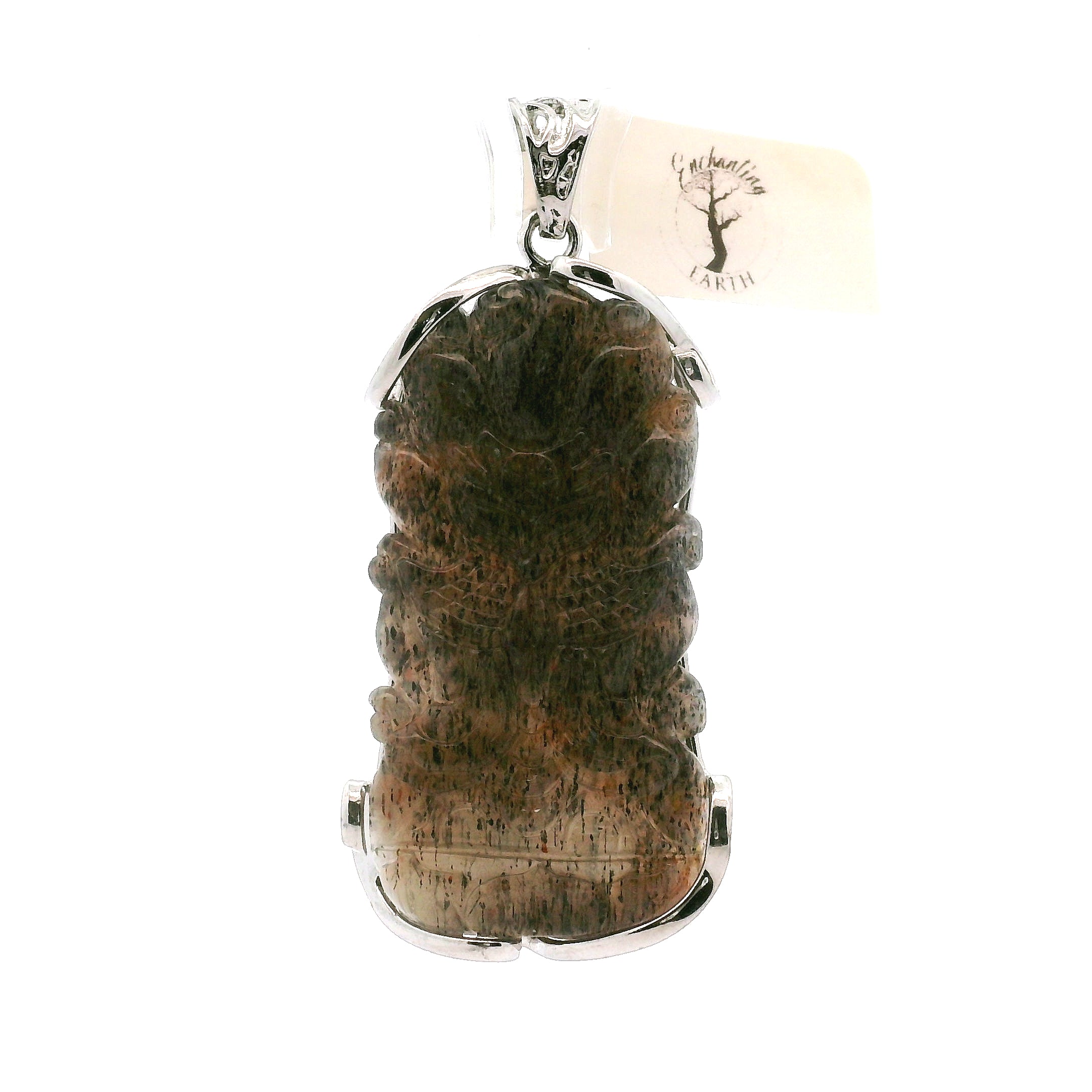 Black Moonstone Sunstone Nine-tails Carved Pendant .925 Silver for Calm, Magic and Improved Manifestation