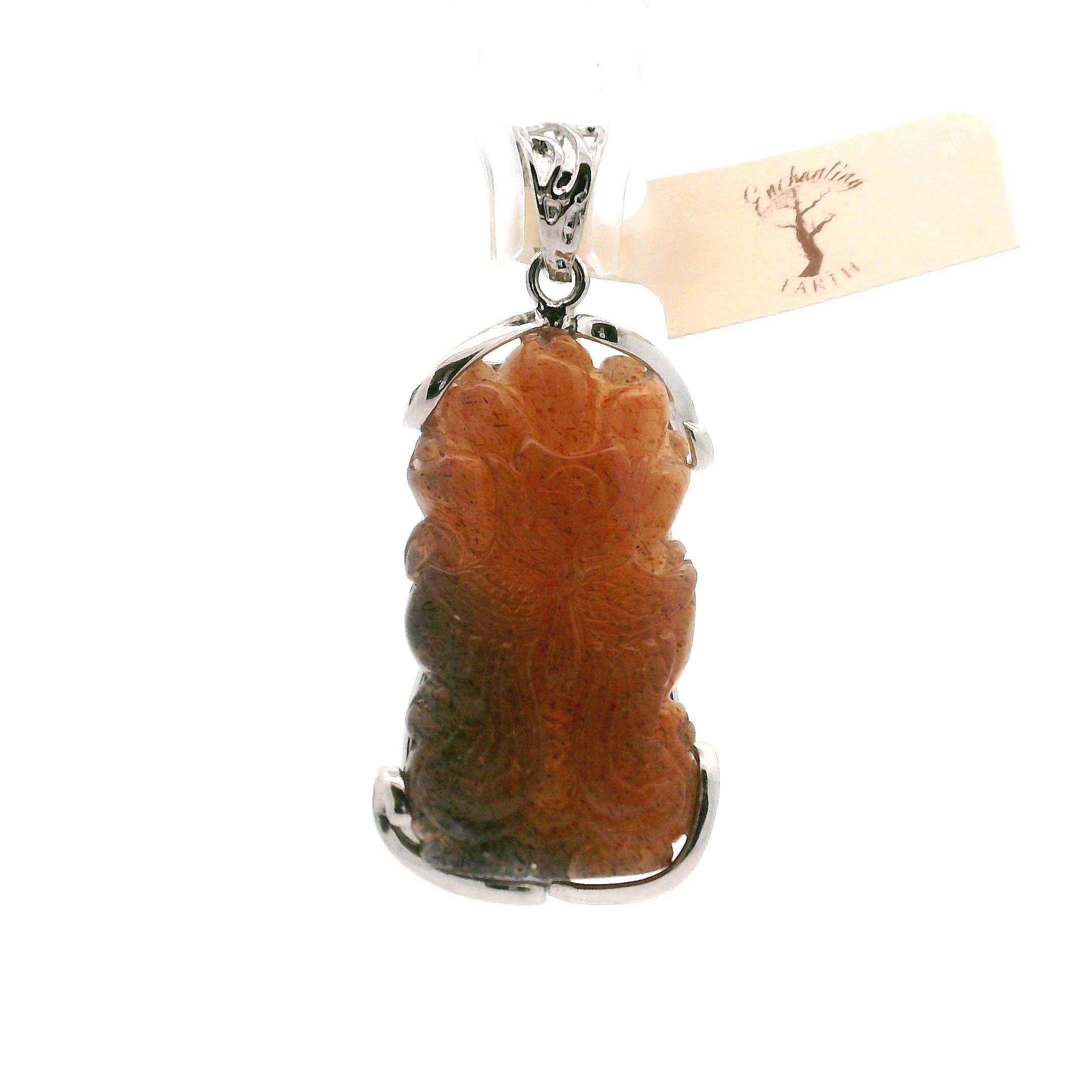 Black Moonstone Sunstone Nine-tails Carved Pendant .925 Silver for Calm, Magic and Improved Manifestation