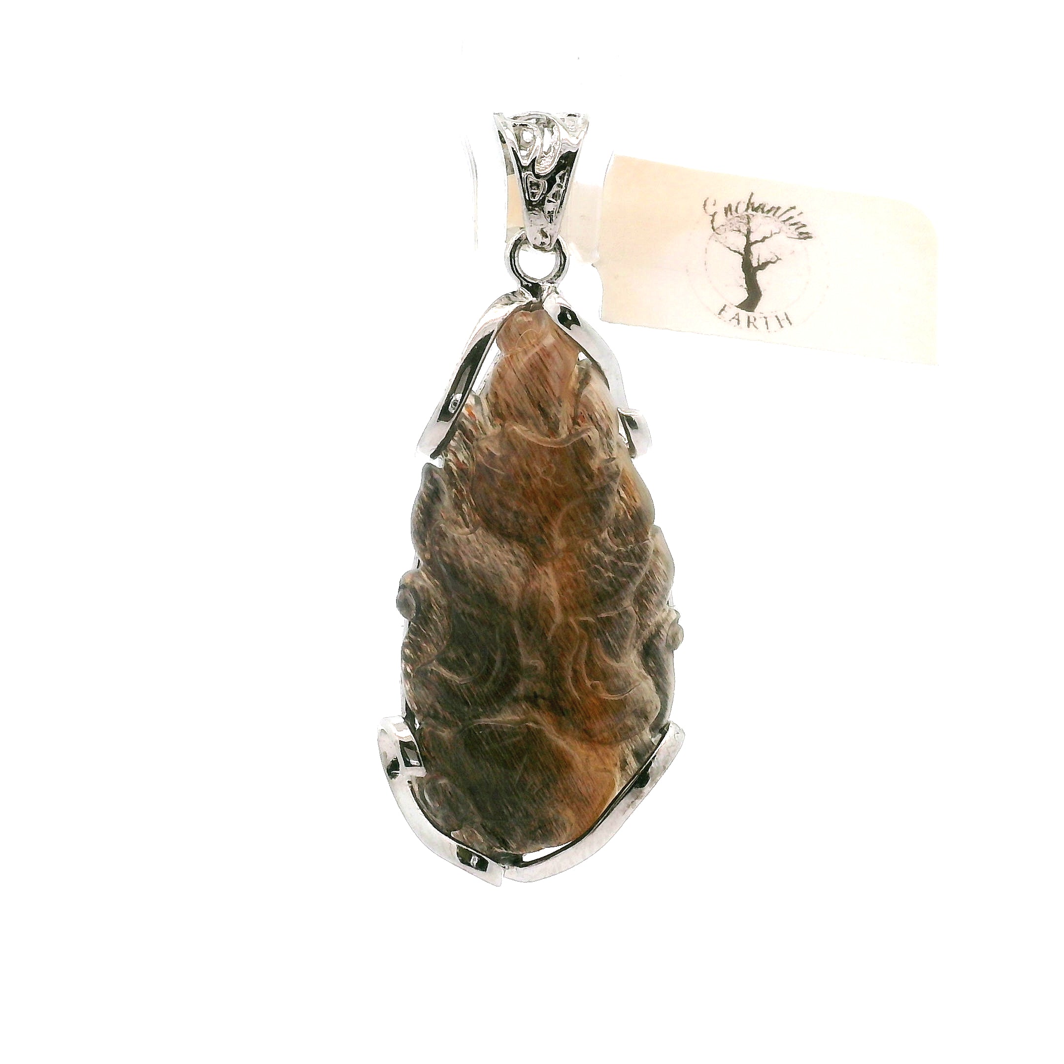 Black Moonstone Sunstone Nine-tails Carved Pendant .925 Silver for Calm, Magic and Improved Manifestation