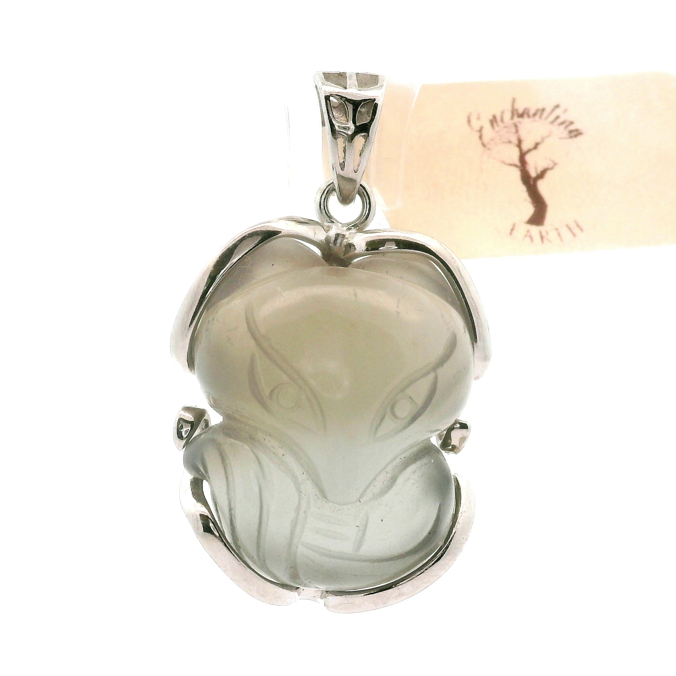 Black Moonstone Nine-tails Carved Pendant .925 Silver for Calm, Magic and Improved Manifestation