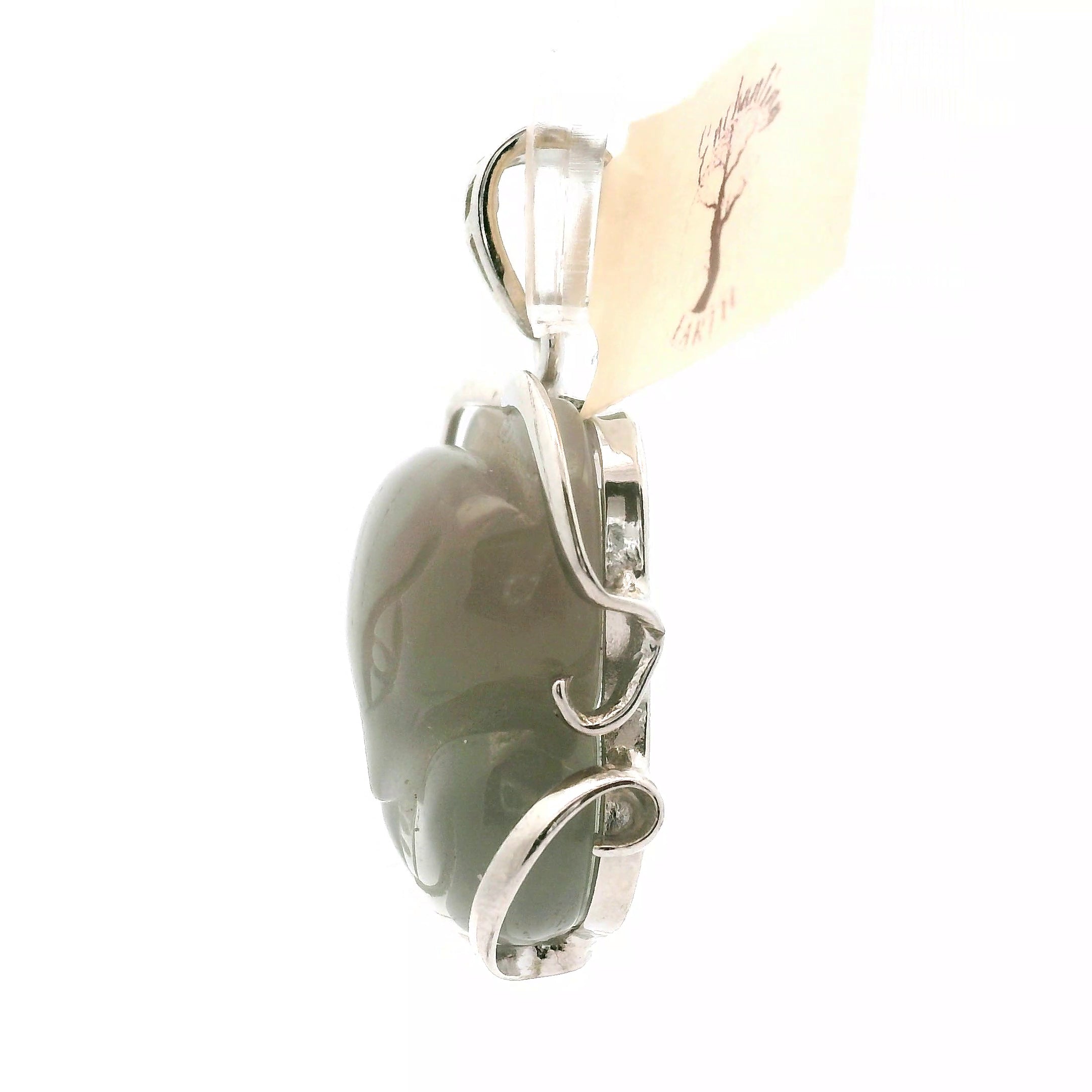 Black Moonstone Nine-tails Carved Pendant .925 Silver for Calm, Magic and Improved Manifestation