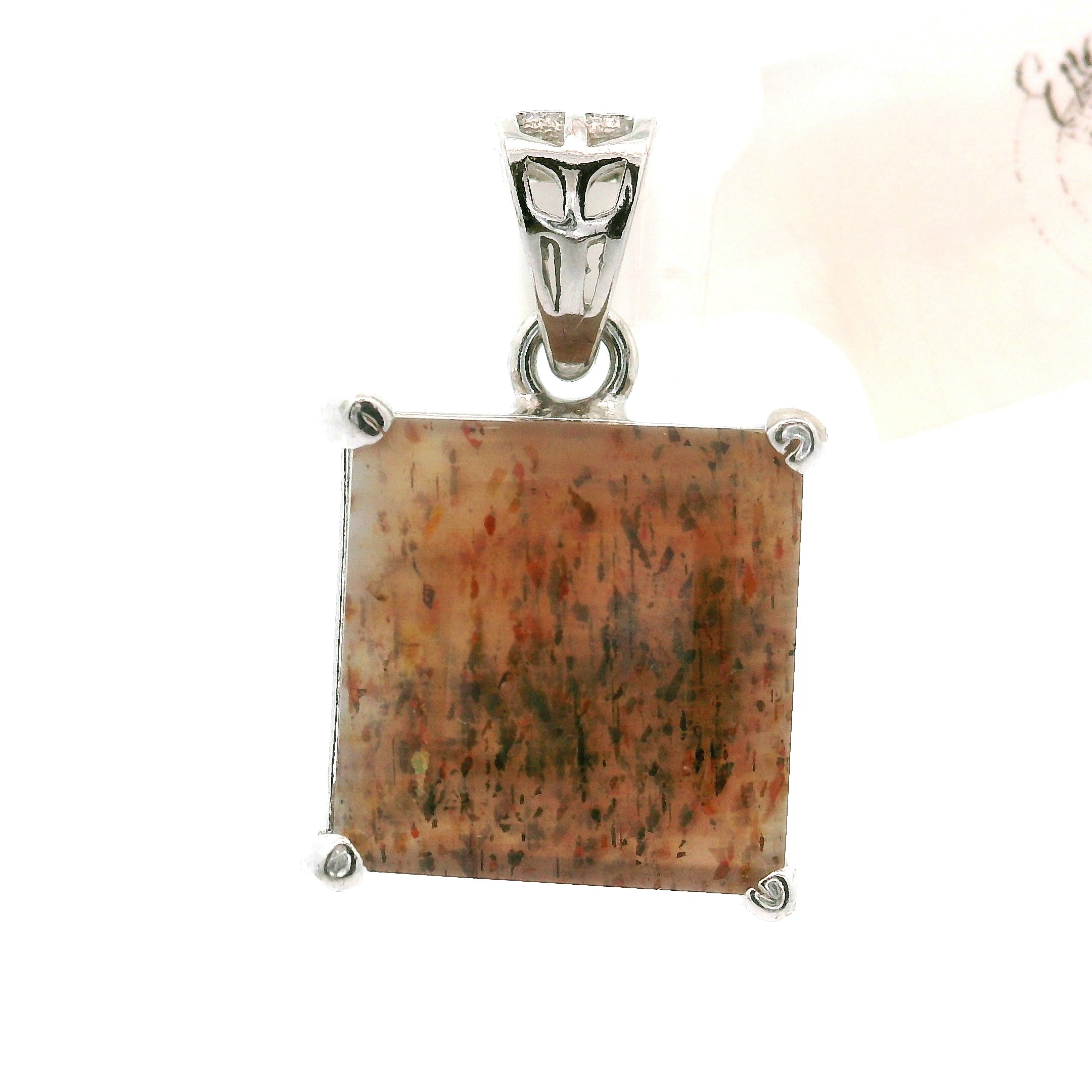 Black Moonstone with Sunstone Square Pendant .925 Silver for Confidence and Strength