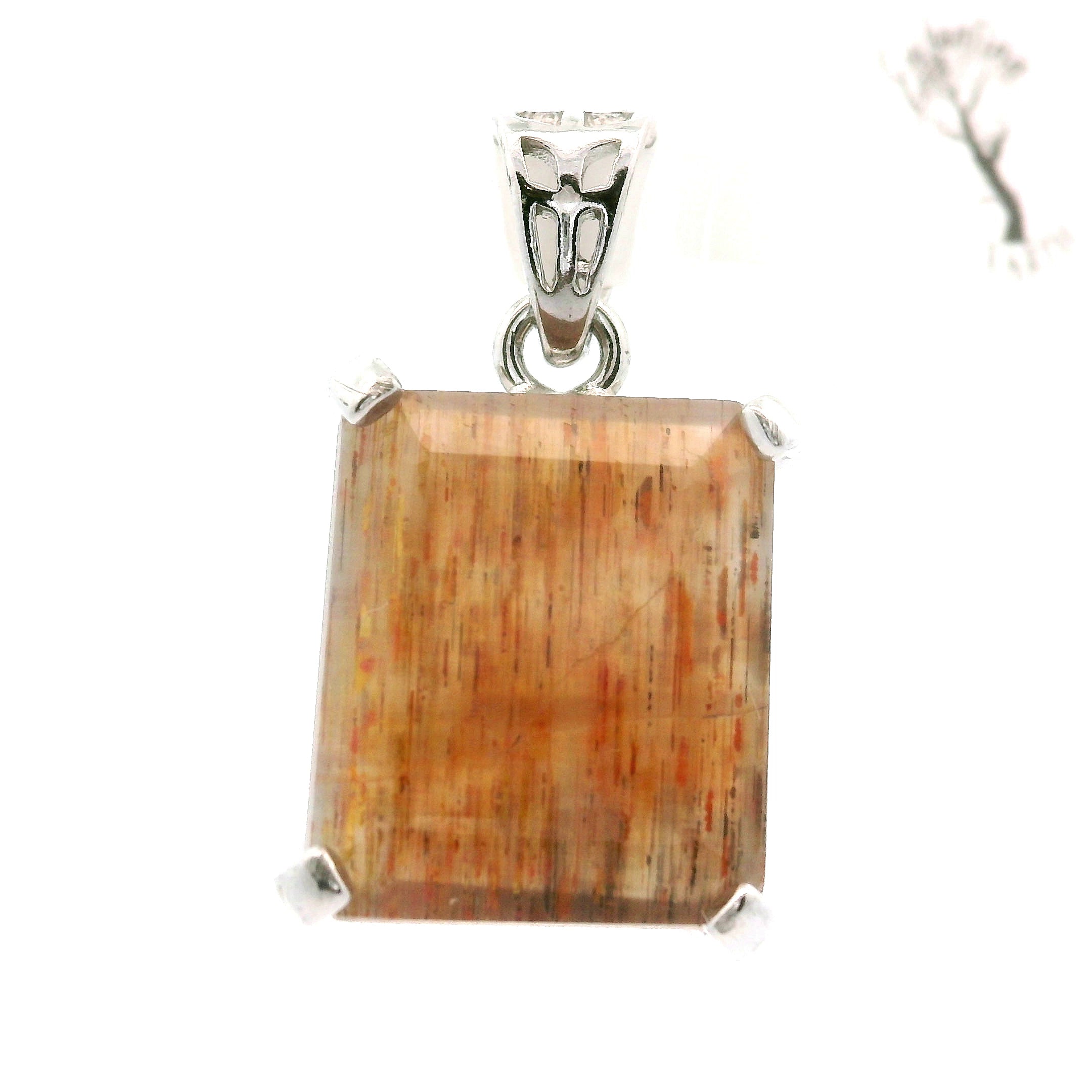 Black Moonstone with Sunstone Square Pendant .925 Silver for Confidence and Strength